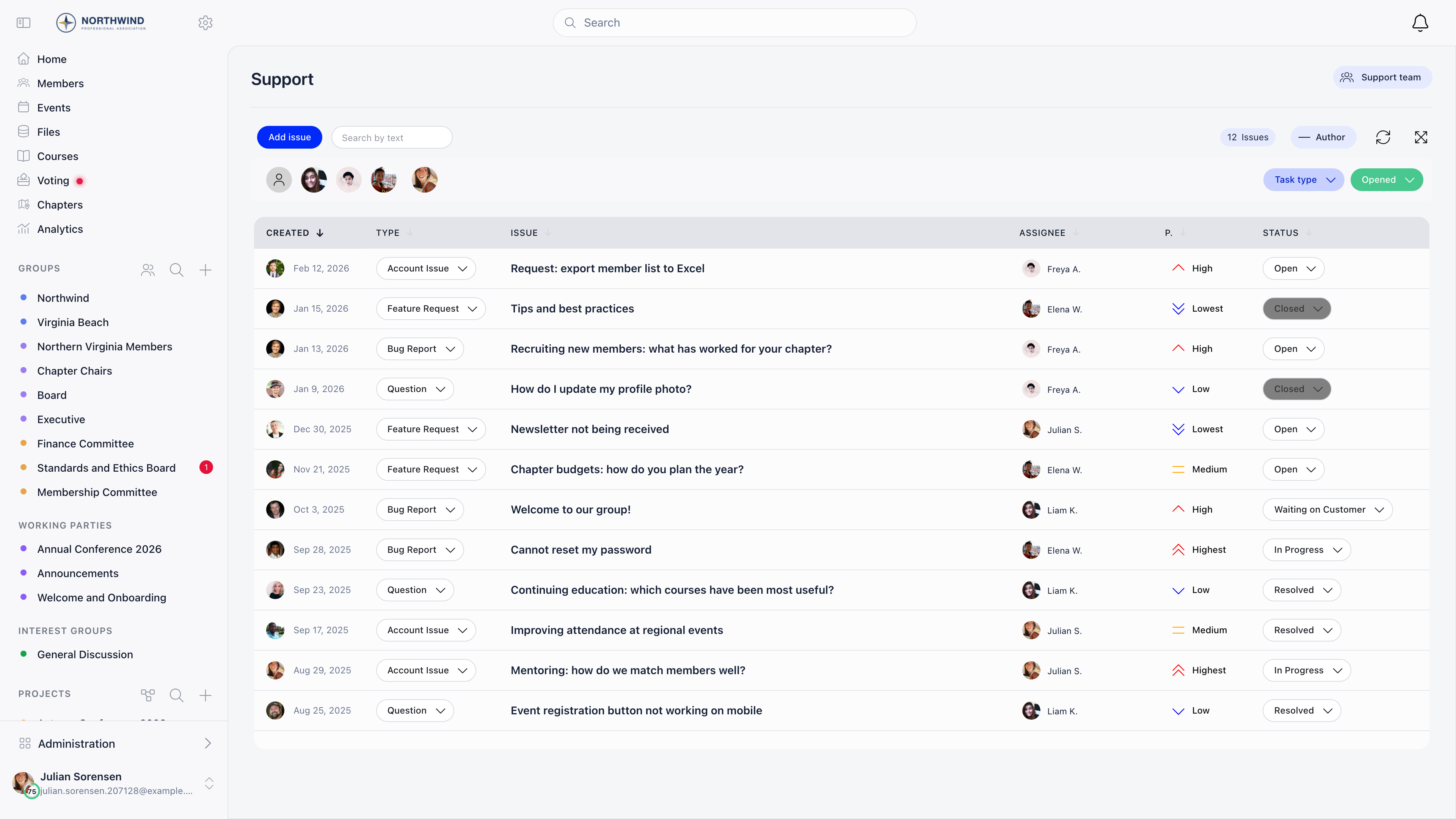 Support ticket board listing tickets with type, assignee, priority and status