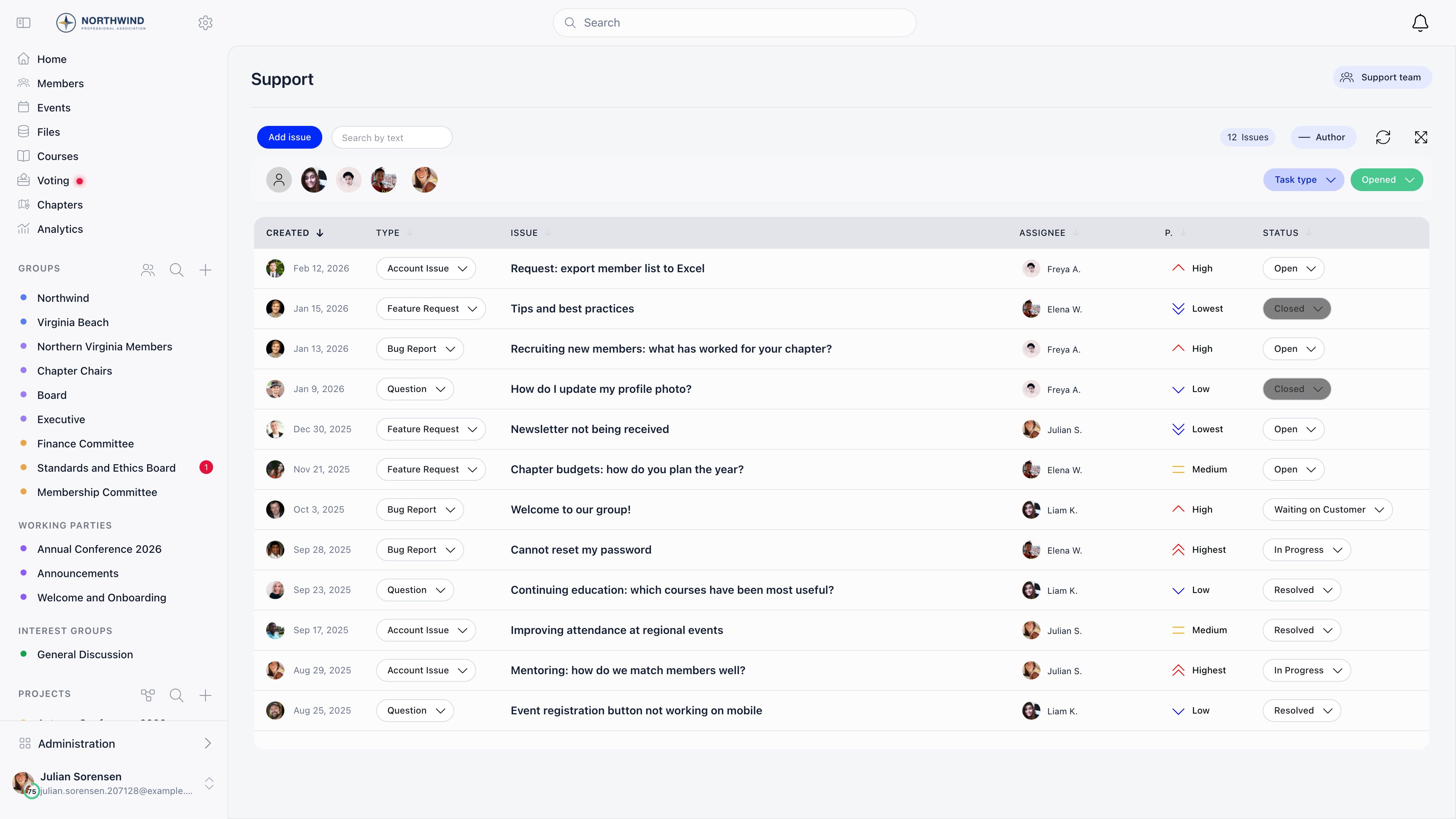 Support ticket board listing tickets with type, assignee, priority and status