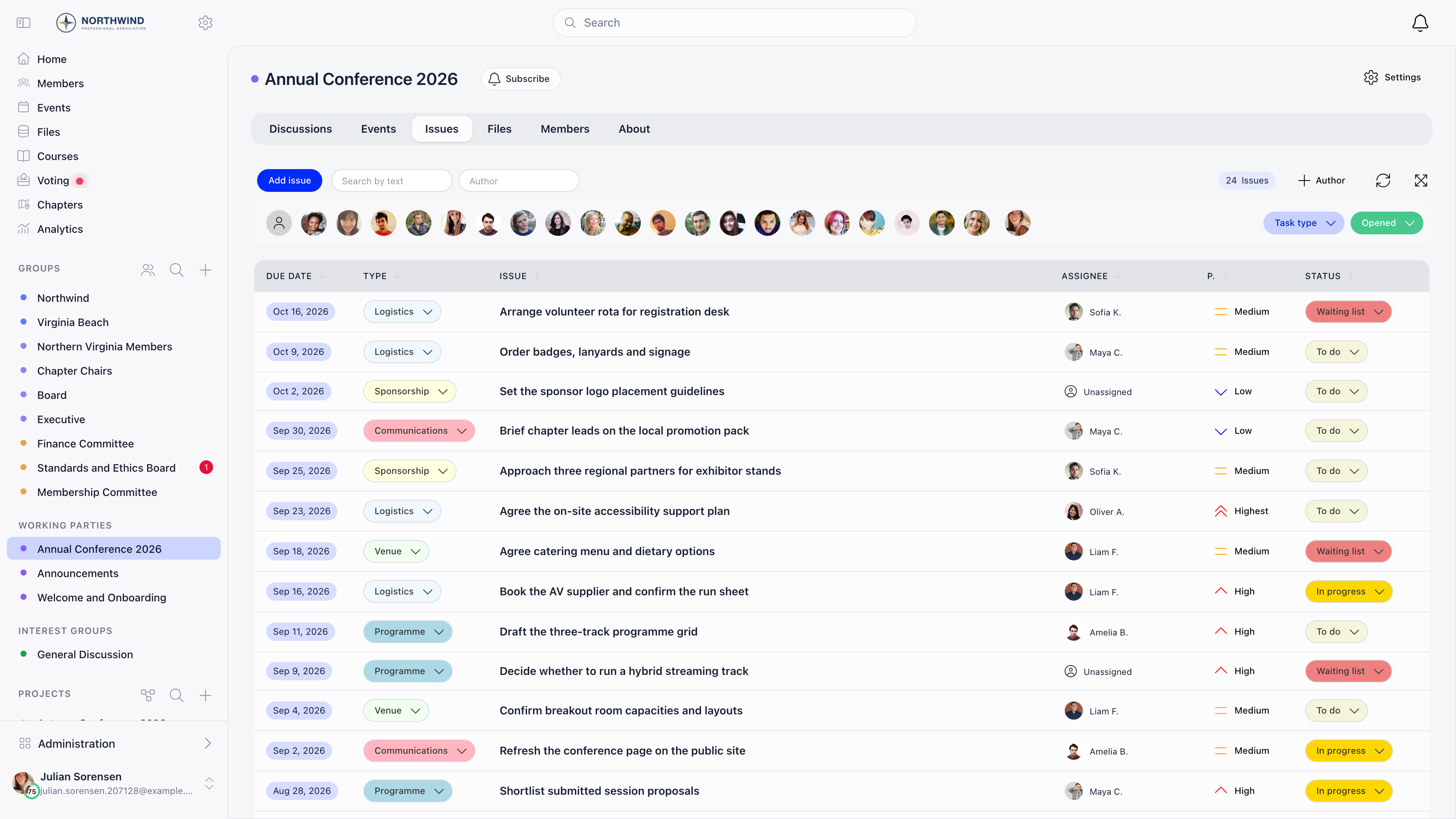 Issue board for a project group with type, assignee, priority and status columns