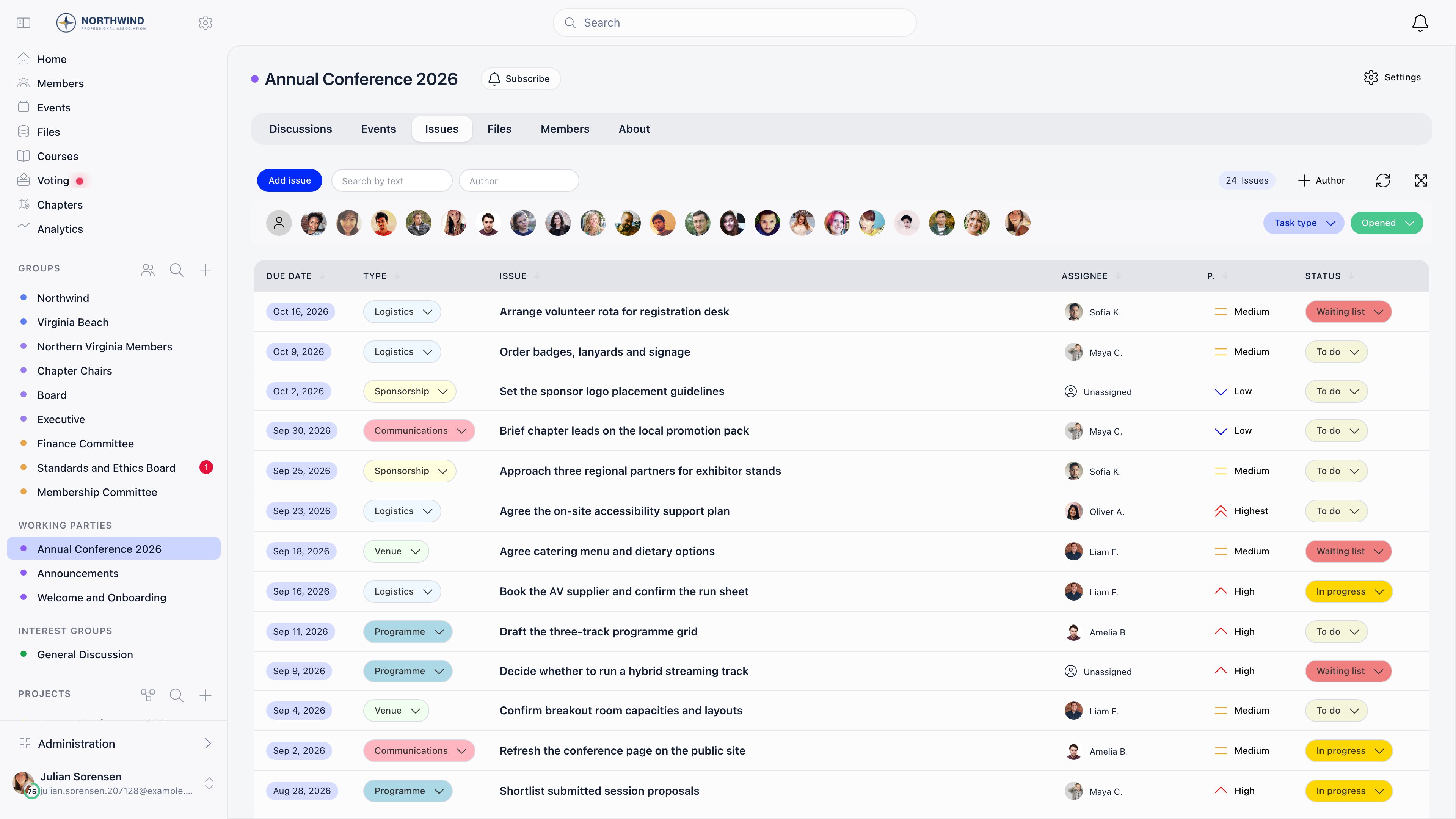 Issue board for a project group with type, assignee, priority and status columns
