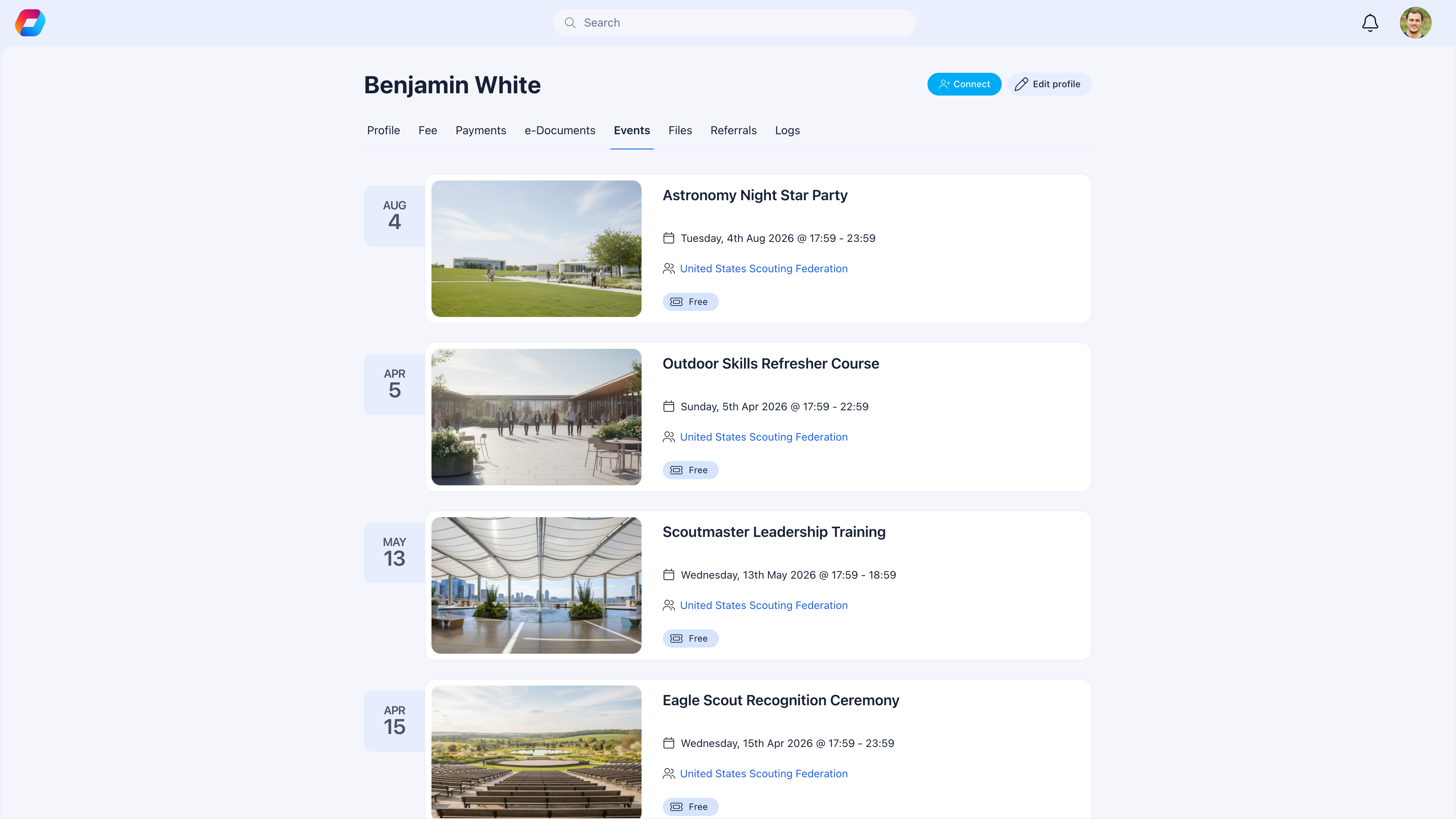 Events tab showing event cards the member attended or is registered for, with dates, images, and organizer info