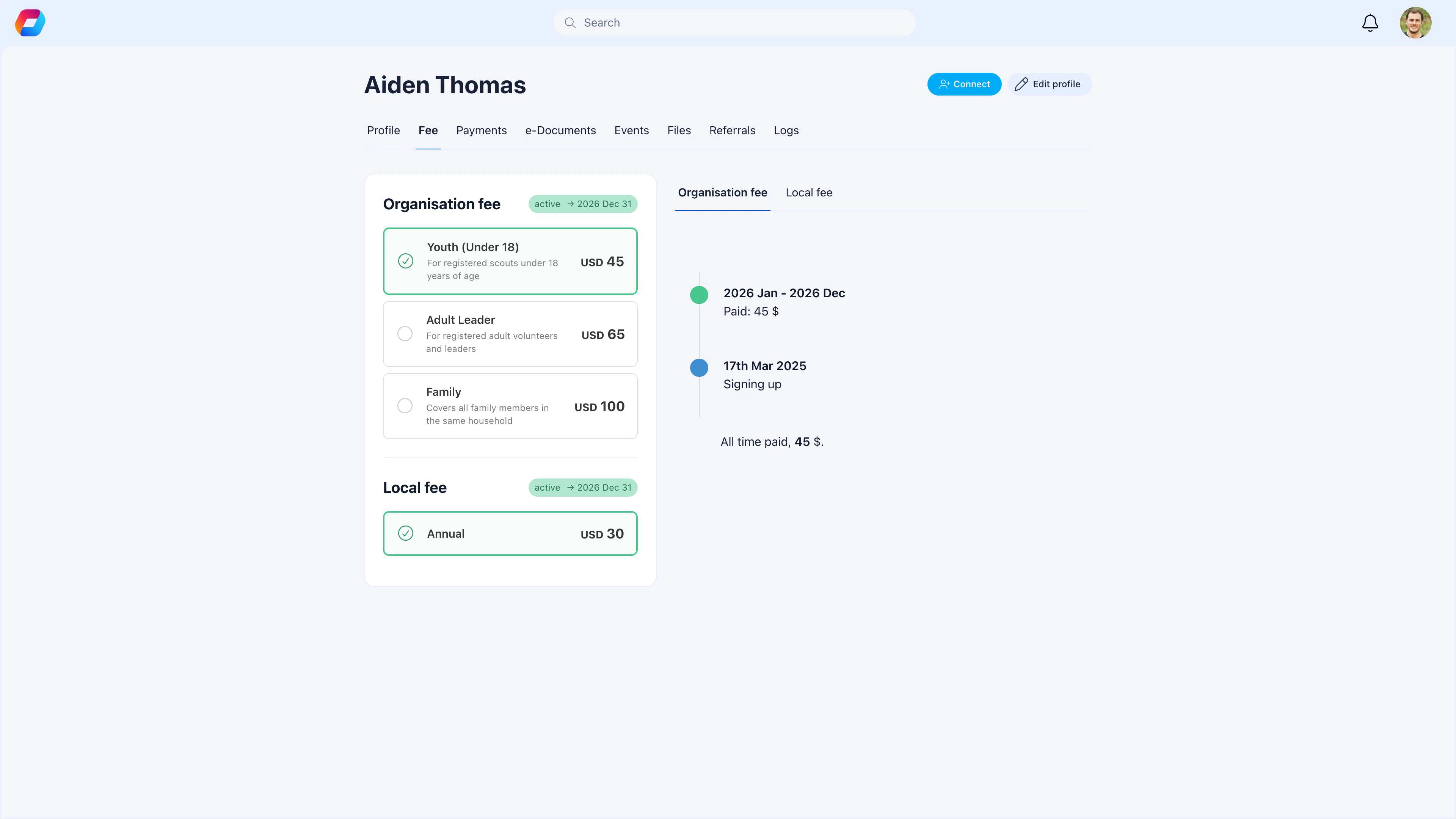 Fee tab on a member profile showing active Organisation fee and Local fee with payment period history