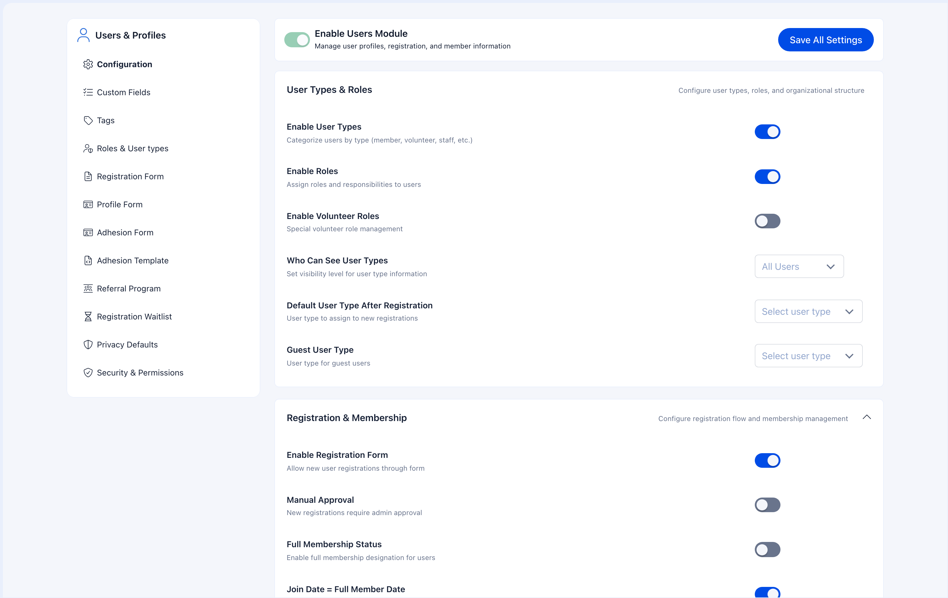 Users module configuration showing settings sections and sub-navigation