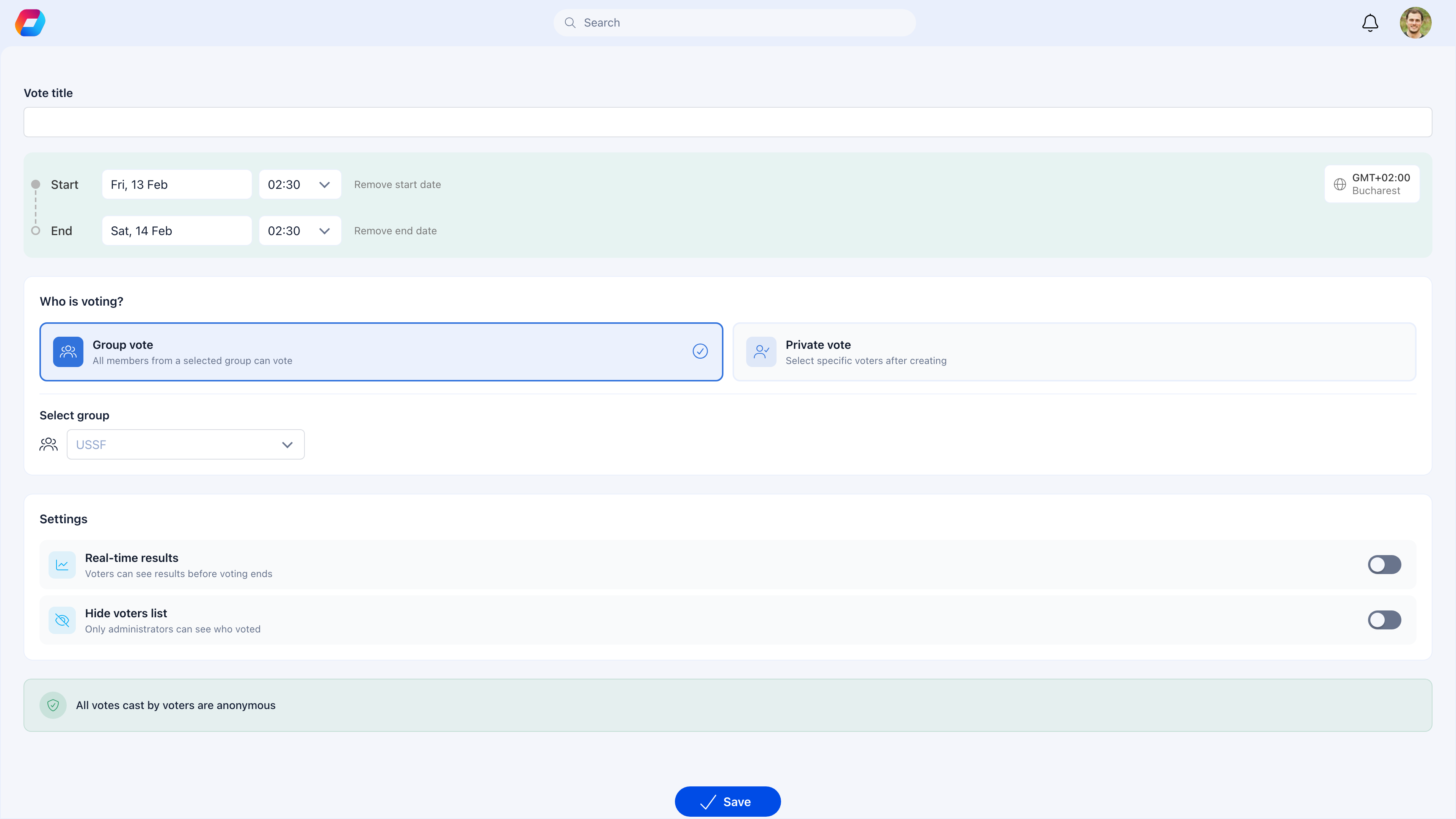 Create Vote form showing vote title, start and end date/time pickers with timezone, eligibility options (Group vote or Private vote), group selector, and settings for real-time results and hiding voters list