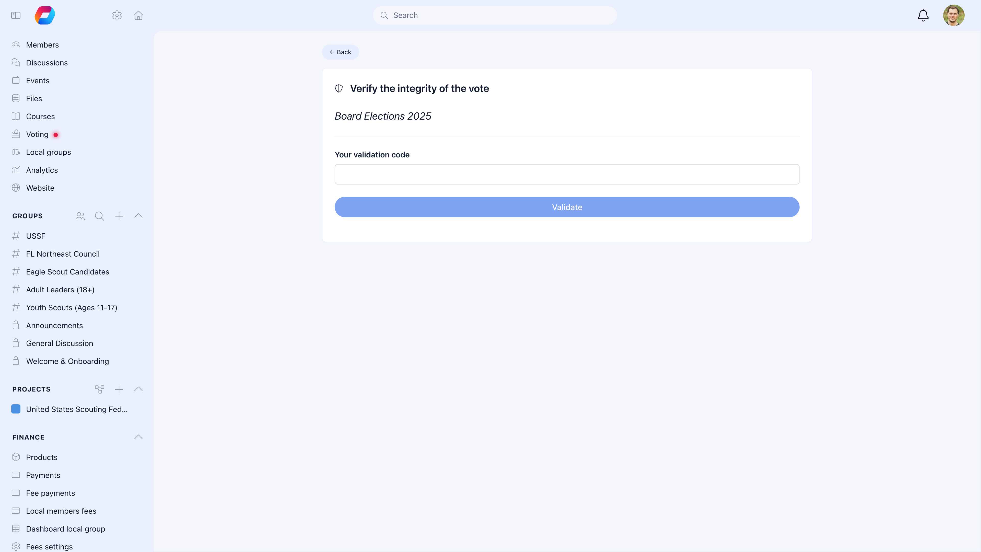 Integrity verification page for Board Elections 2025 showing a validation code input field and Validate button