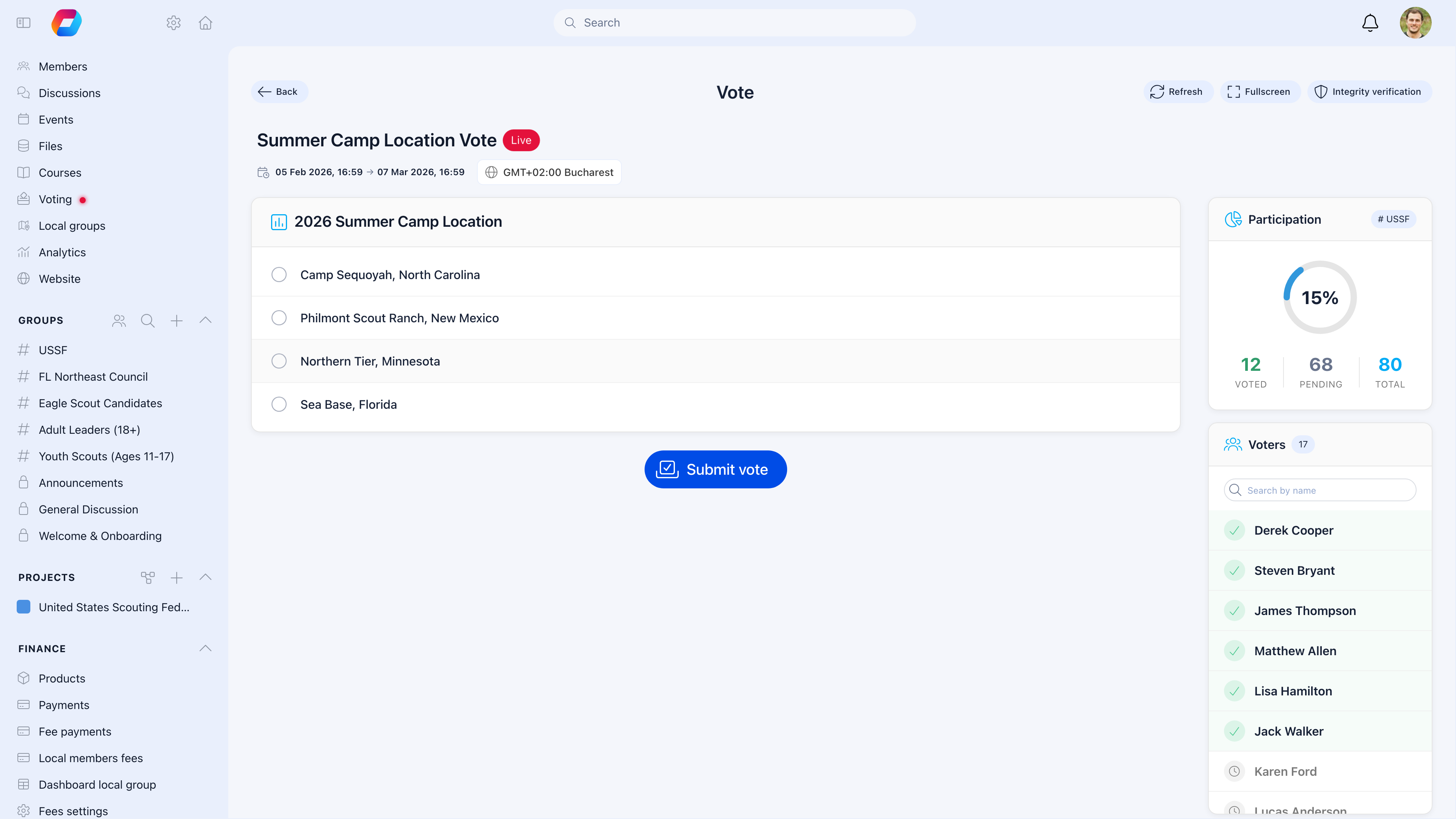 Live Summer Camp Location Vote with four location options as radio buttons, Submit vote button, 15% participation donut showing 12 voted out of 80, and voters list with green checkmarks for those who already voted