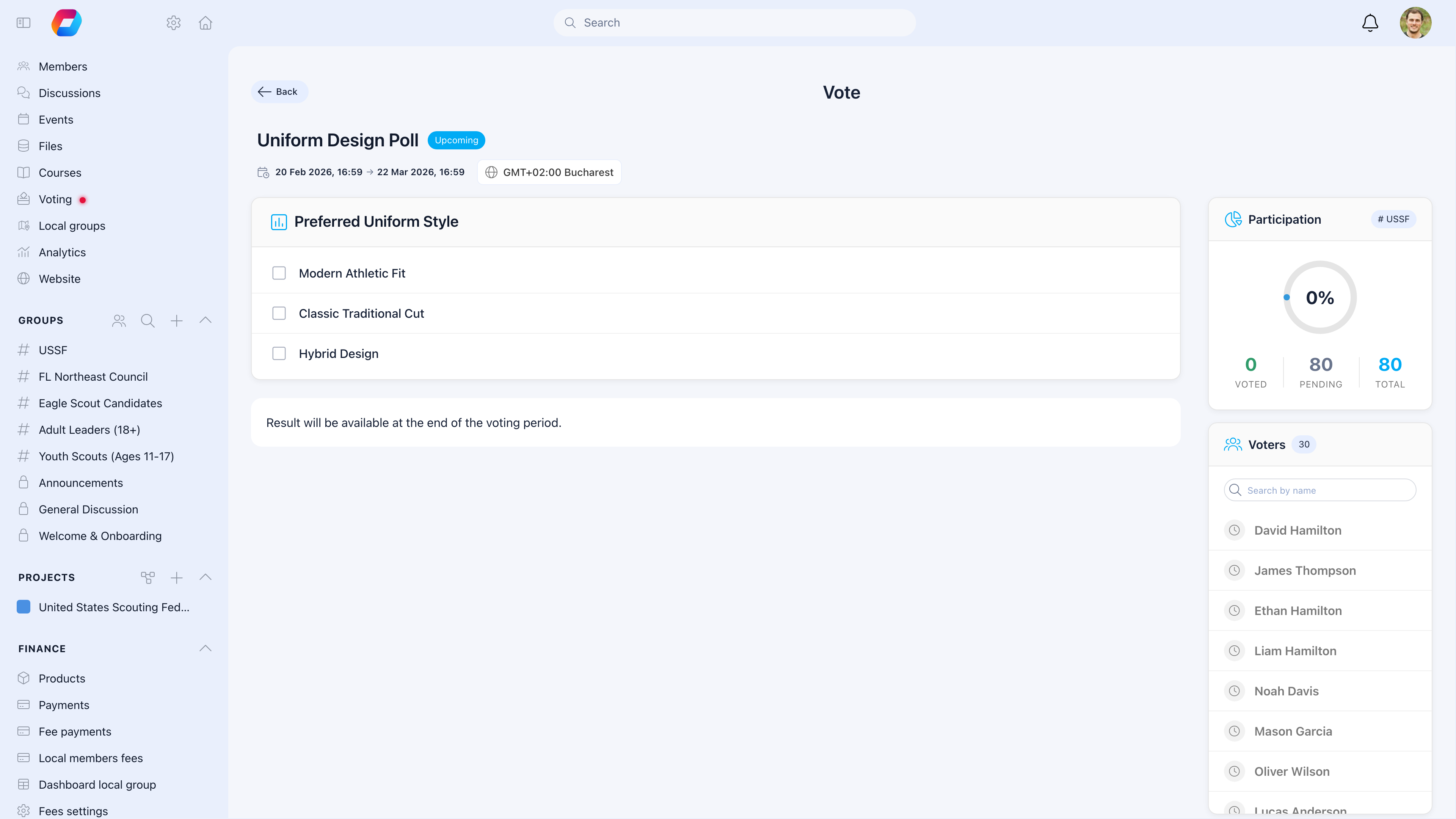 Upcoming vote showing Uniform Design Poll with three options (Modern Athletic Fit, Classic Traditional Cut, Hybrid Design), 0% participation donut, and voters list with 30 eligible members