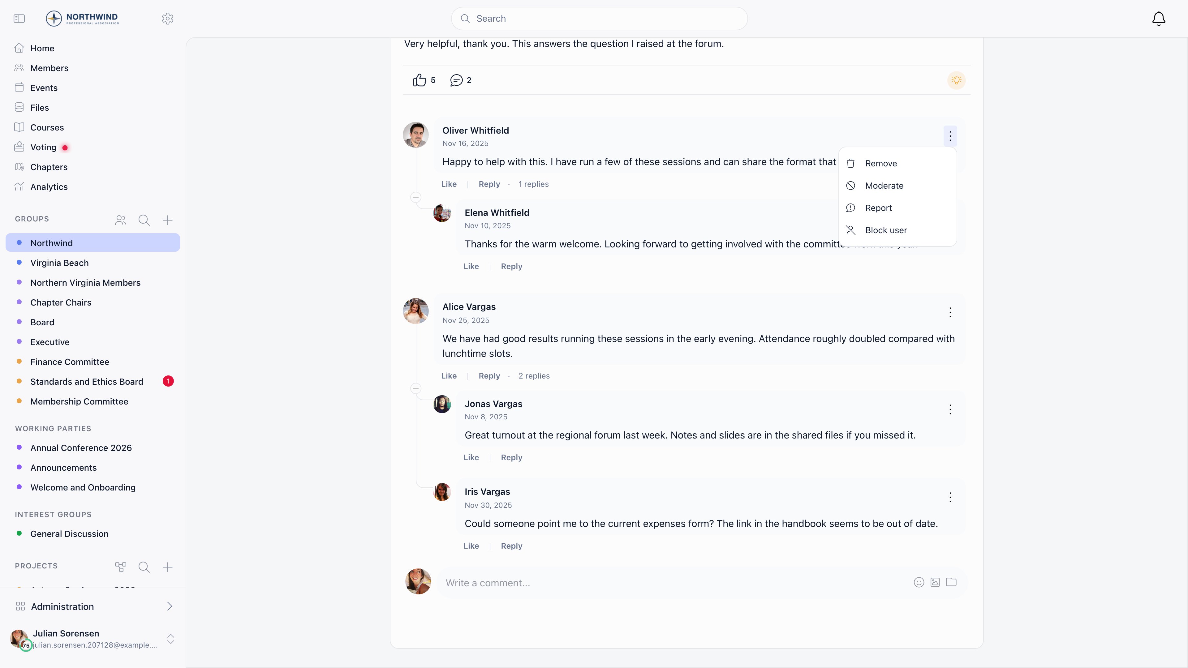 The three-dot menu open on a single comment inside a discussion thread, showing Block user as one of the available actions for that comment's author