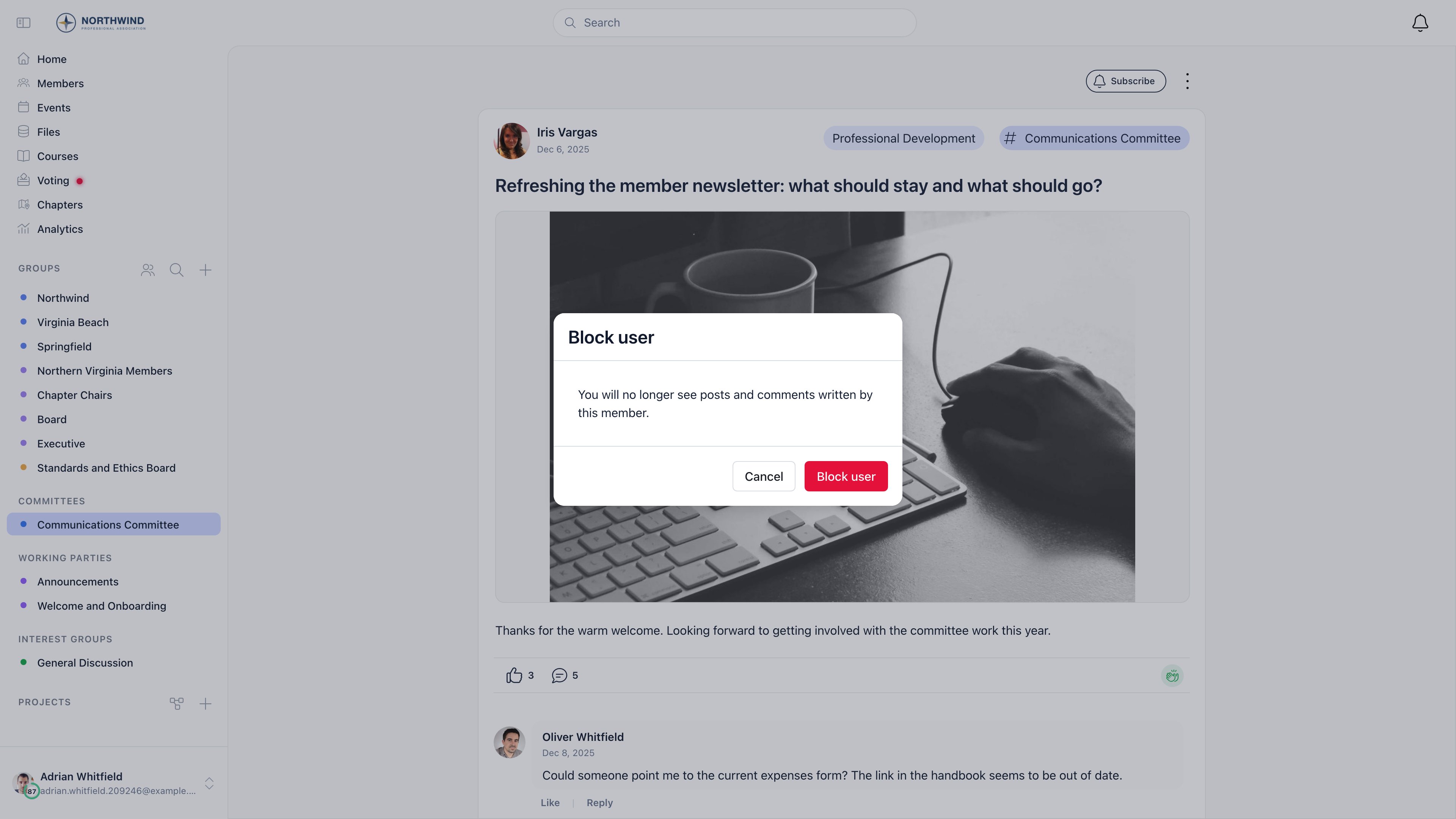 The block confirmation dialog, explaining that after confirming you will no longer see posts and comments written by this member, with buttons to cancel or confirm the block