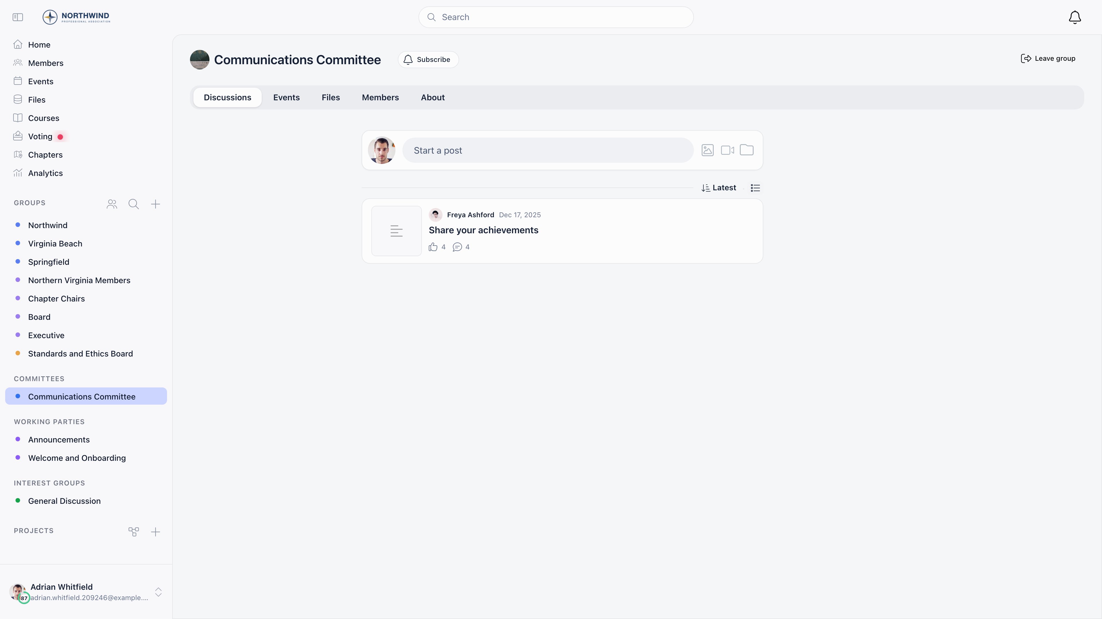 The same committee group discussions feed after blocking Iris Vargas, now showing only the Share your achievements thread by Freya Ashford, with both of the blocked member's threads absent and no gap or placeholder where they were
