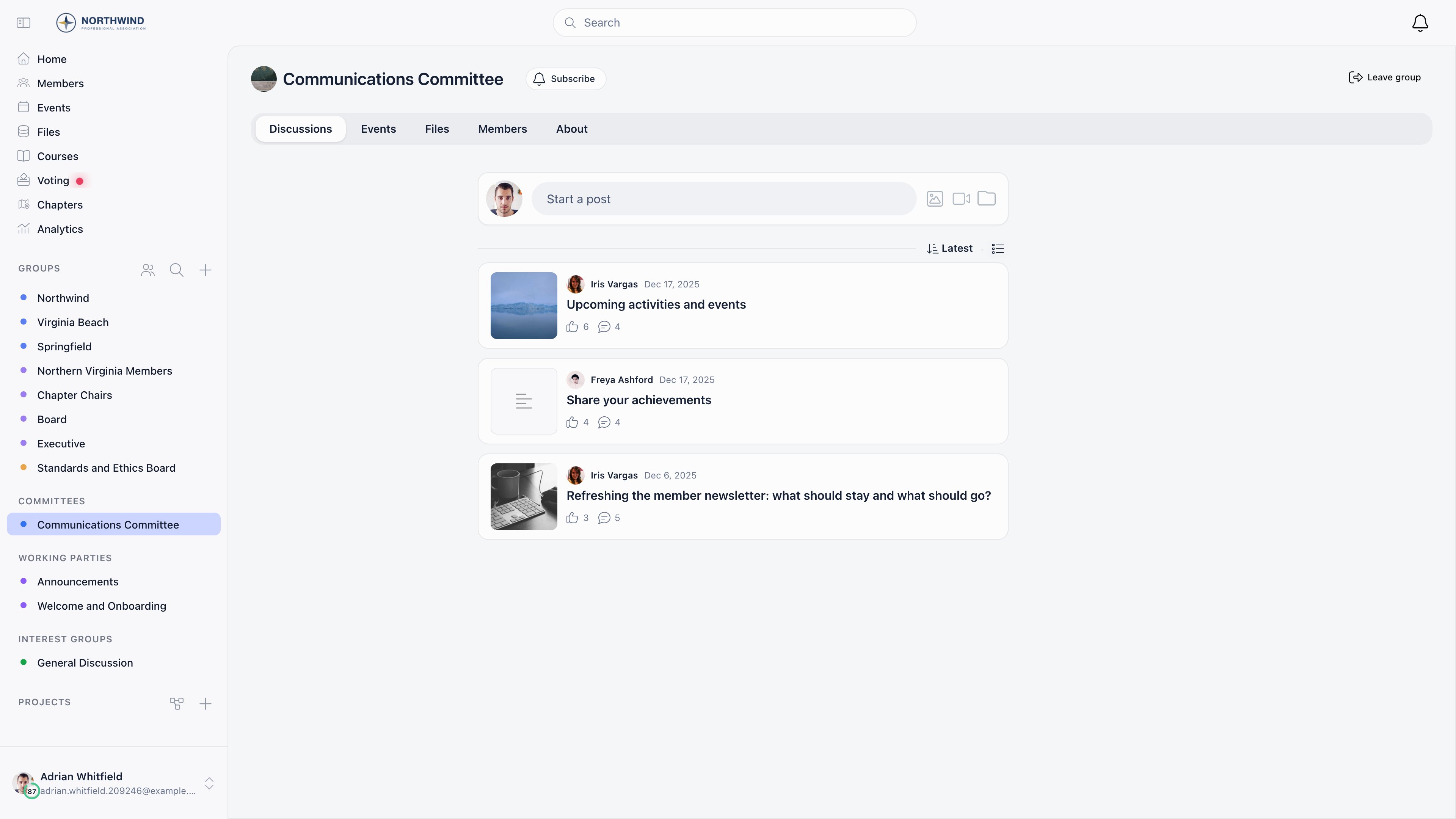 A committee group discussions feed showing three threads: Upcoming activities and events by Iris Vargas, Share your achievements by Freya Ashford, and Refreshing the member newsletter by Iris Vargas, each with reaction and comment counts
