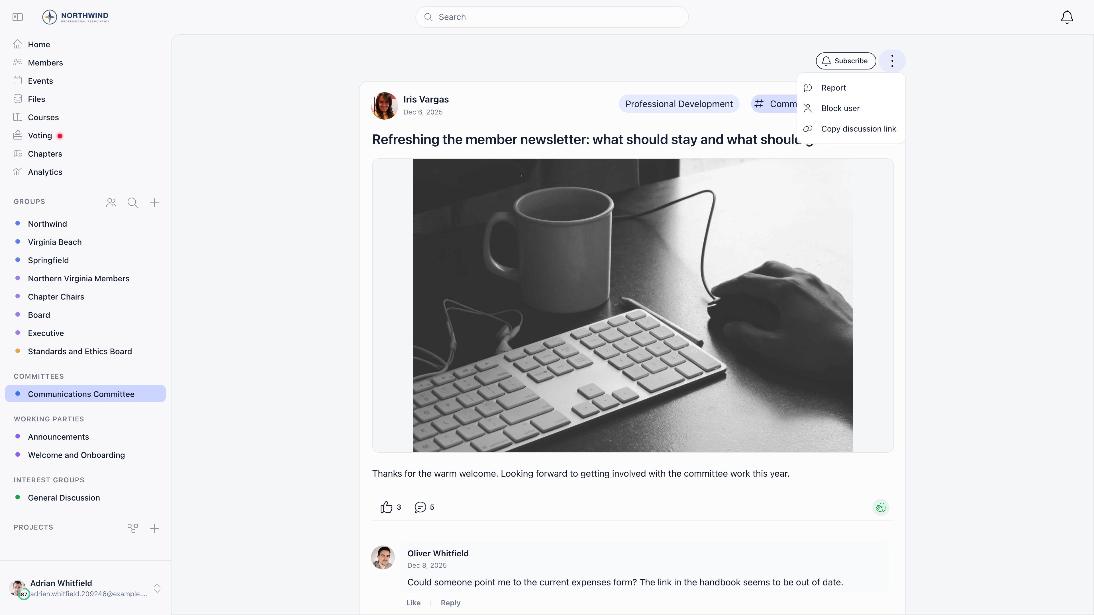 An open discussion thread with the three-dot menu expanded on the post itself, showing Block user listed alongside the other post actions