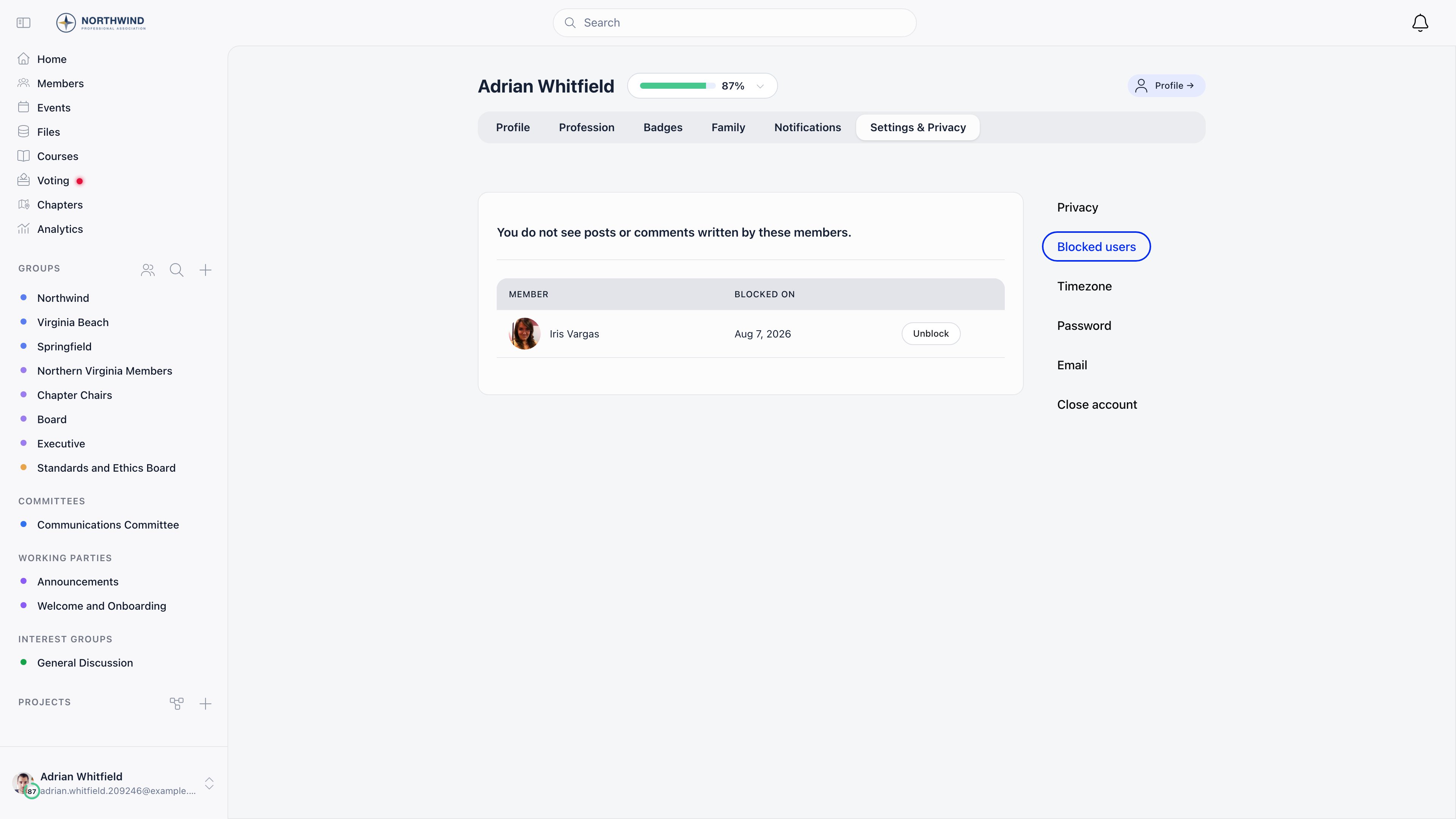 The Blocked users panel under Settings and Privacy on a member's own profile, listing each blocked member with the date the block was created and an Unblock control beside each row