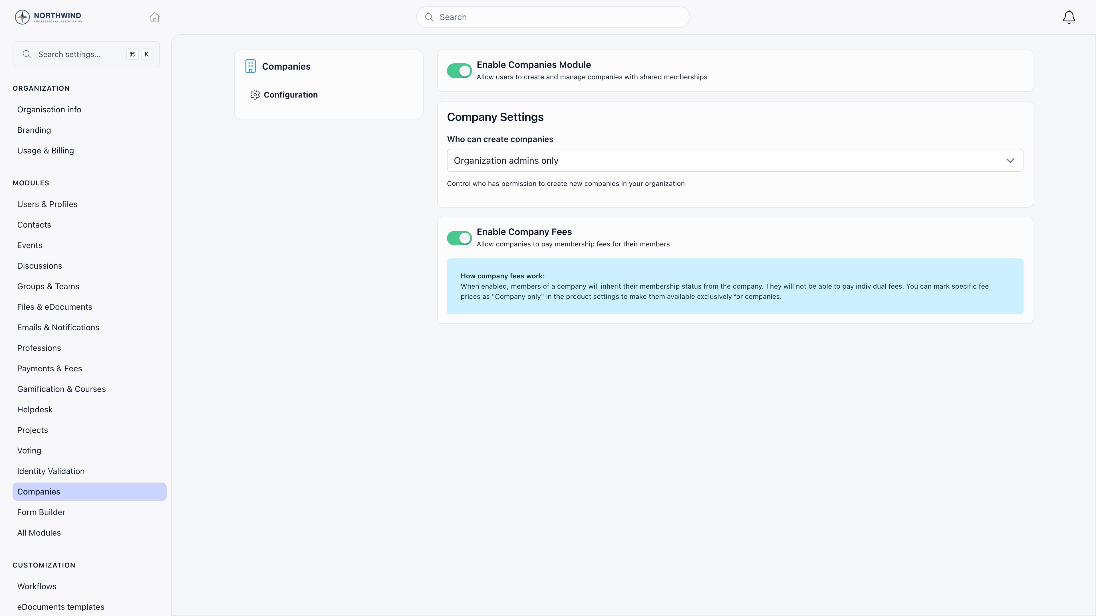 Companies module configuration with the Enable Companies Module switch on, a Who can create companies dropdown set to Organization admins only, and Enable Company Fees on with an explanatory note