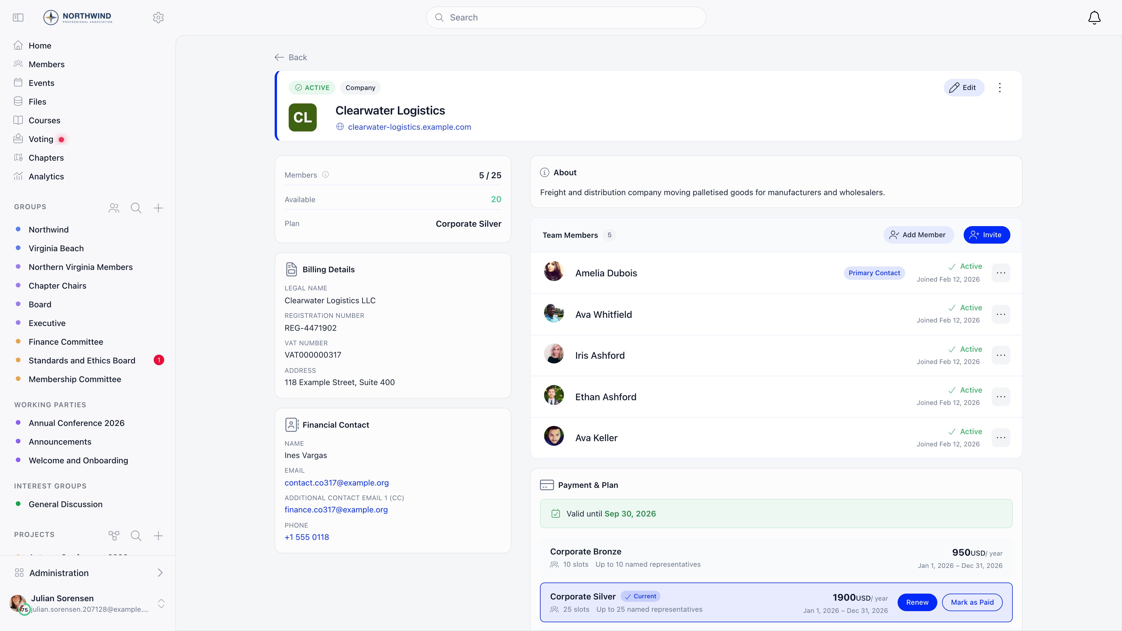 Company record page showing the Active status header, a member counter of 5 of 25 with the plan name, Billing Details and Financial Contact cards, and the Team Members panel