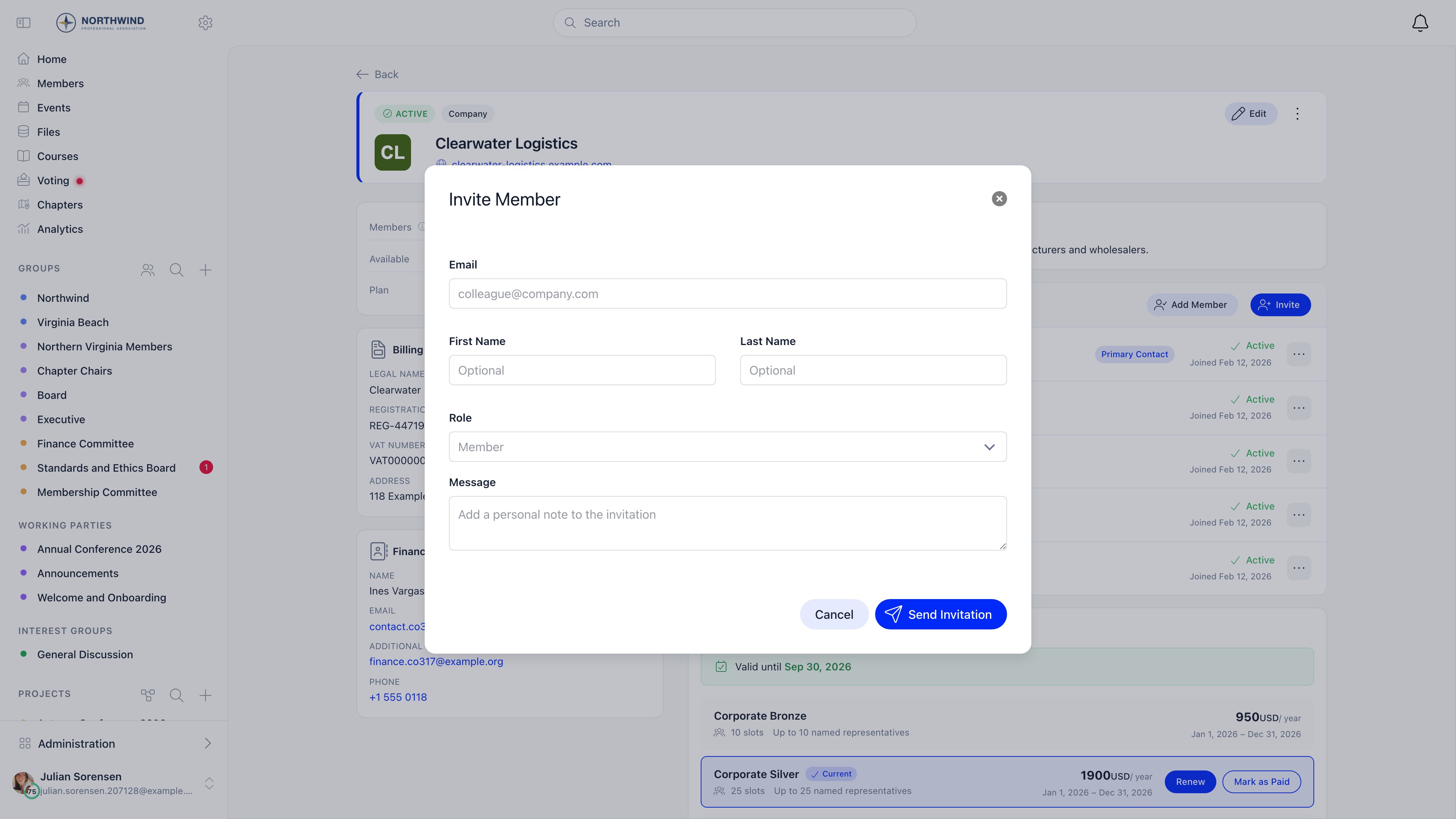 Invite Member dialog with Email, First Name and Last Name fields, a Role dropdown and a Message box, over the company page