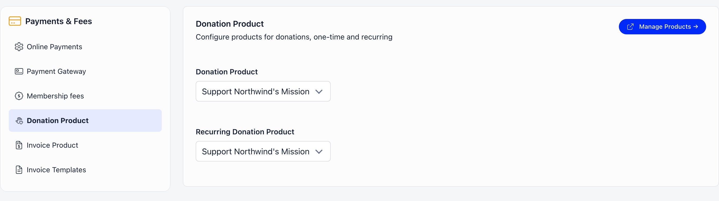 Donation Product settings with both the Donation Product and the Recurring Donation Product selector naming the campaign Support Northwind's Mission, beside a Manage Products link
