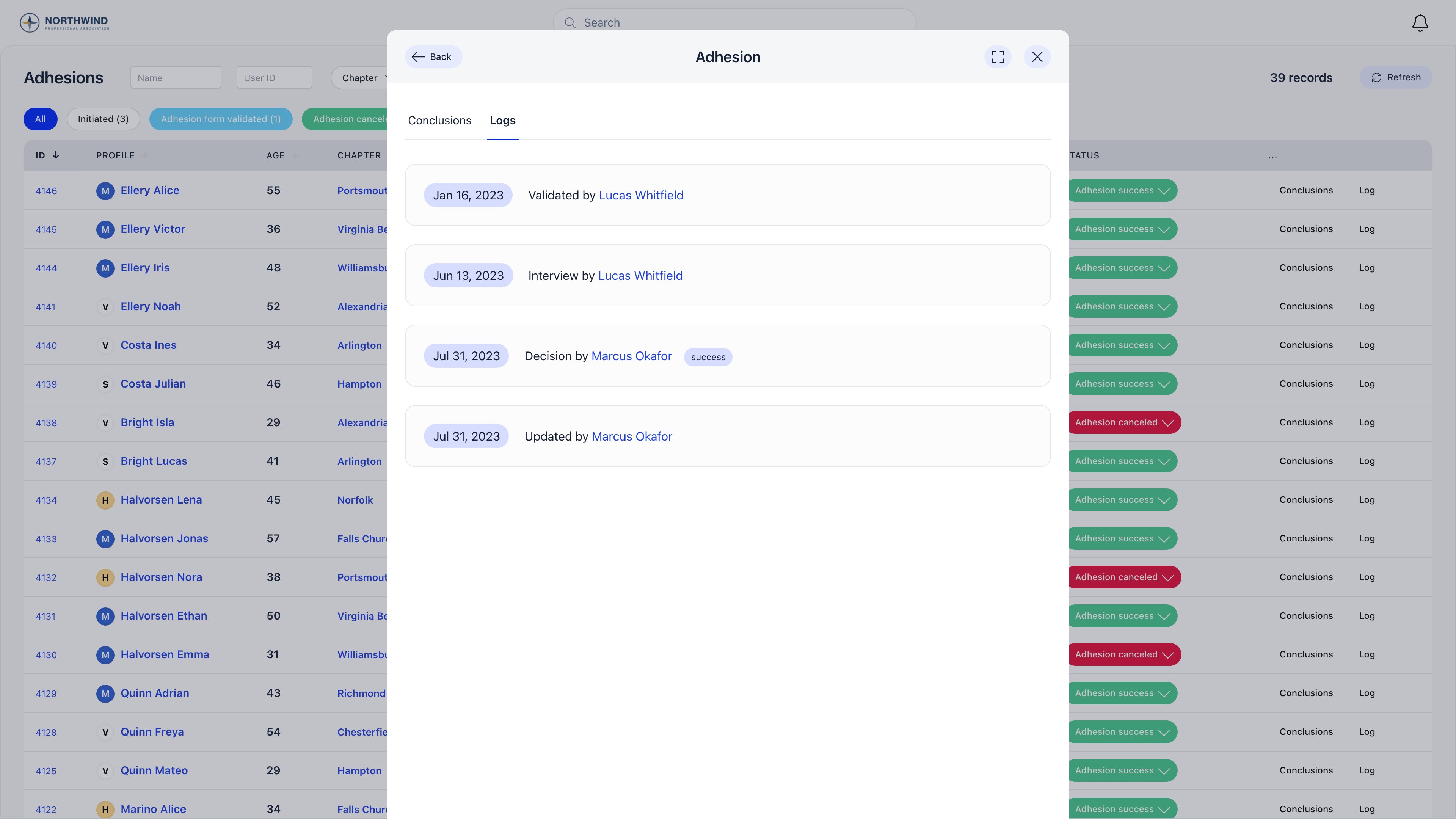 Adhesions queue with the Log panel open over it, listing the dated entries for one application: validated by, interview by, decision by with a success tag, and updated by