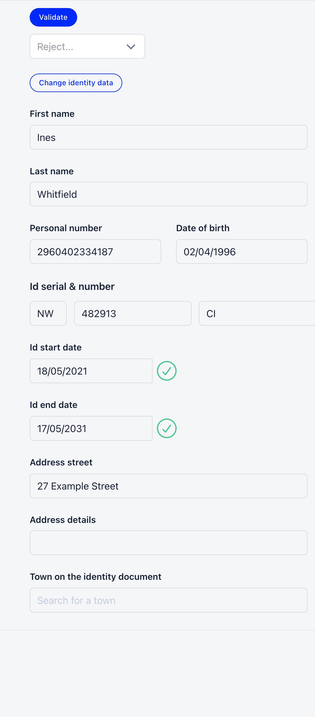 Review column of a pending identity record, with the Validate button above the Reject reason picker and a Change identity data button, then the locked first name, last name, personal number, date of birth, document serial and number, and issue and expiry date fields
