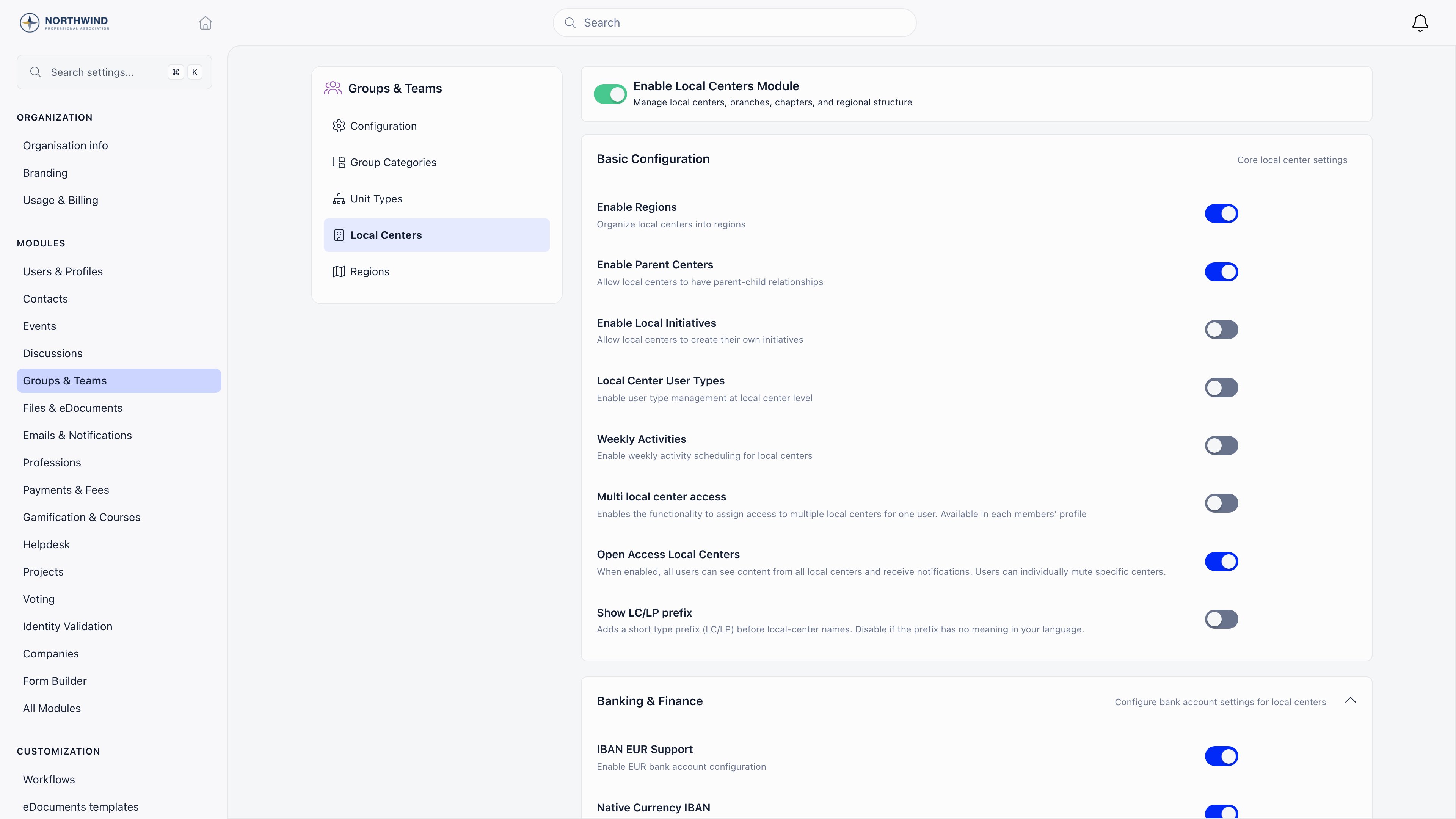 Local Centers tab of the Groups and Teams settings, with the Enable Local Centers Module switch already on at the top and a Basic Configuration block below it listing Enable Regions, Enable Parent Centers, Local Center User Types, Multi local center access and the other per-chapter switches
