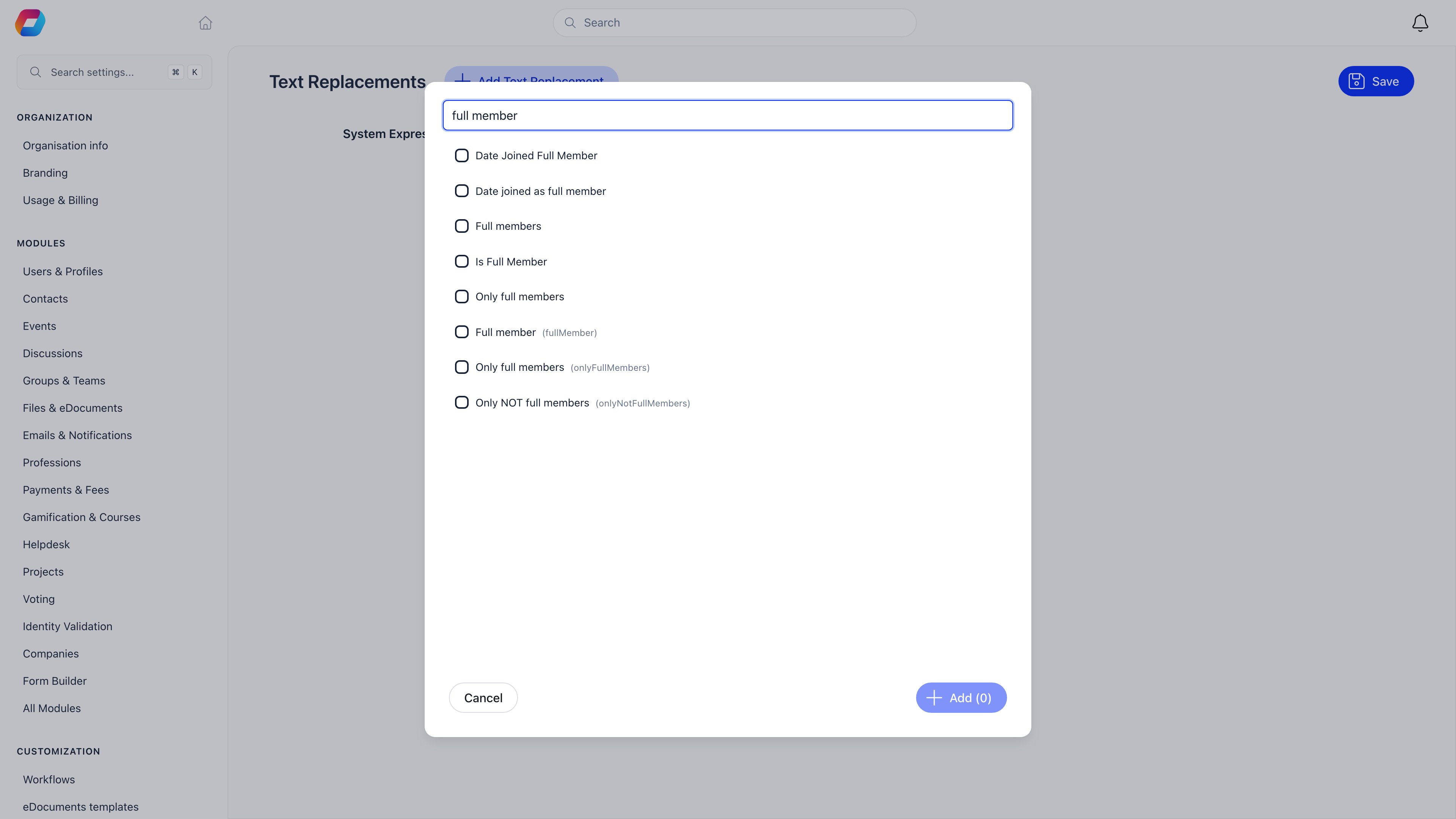 Add Text Replacement panel over the Text Replacements page, searching for full member and listing eight separate catalogue rows with checkboxes, including Full members, Is Full Member, Only full members and Only NOT full members with their source keys in brackets
