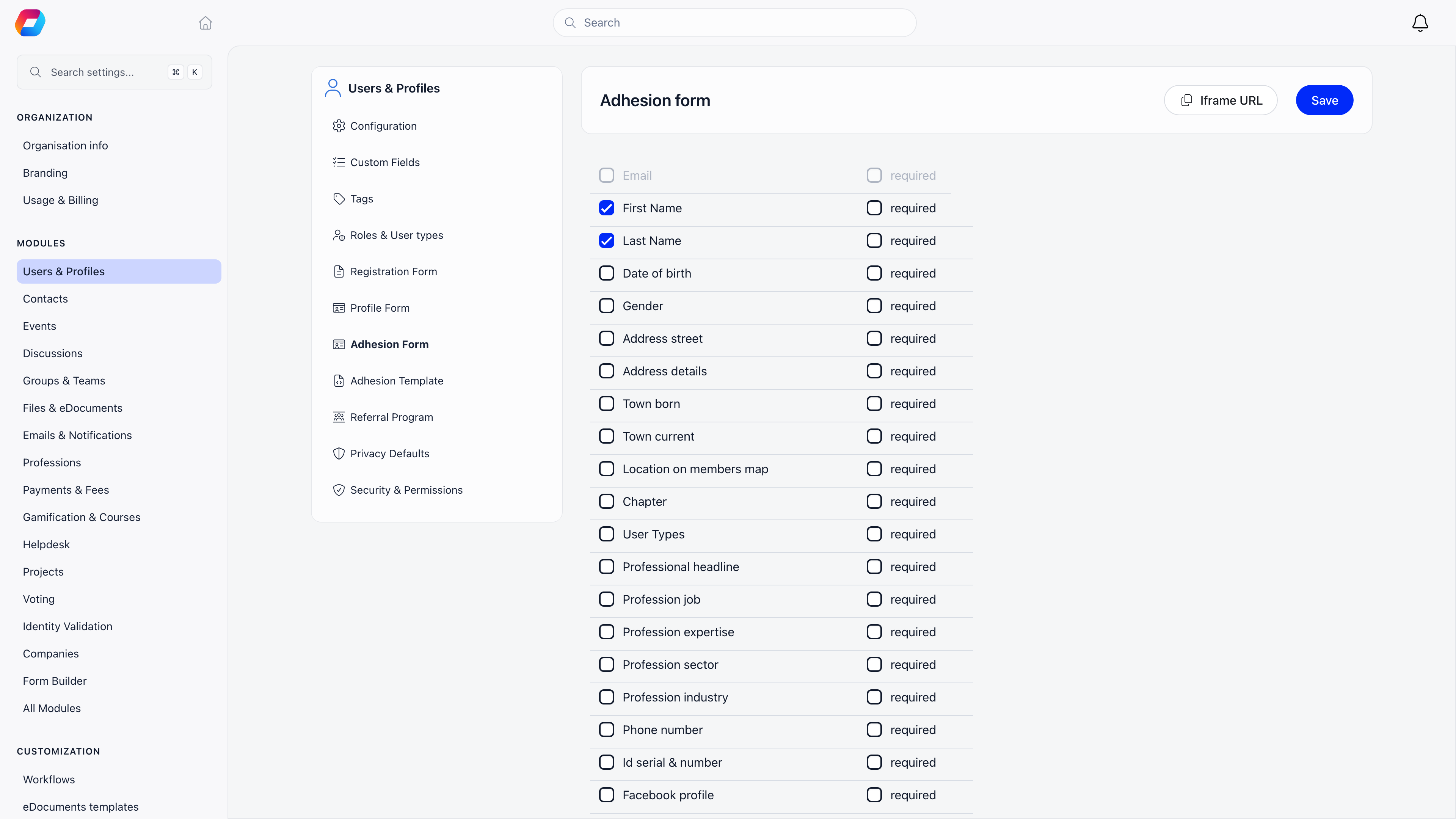 Adhesion form builder listing built-in profile fields with an include checkbox and a required checkbox on each row