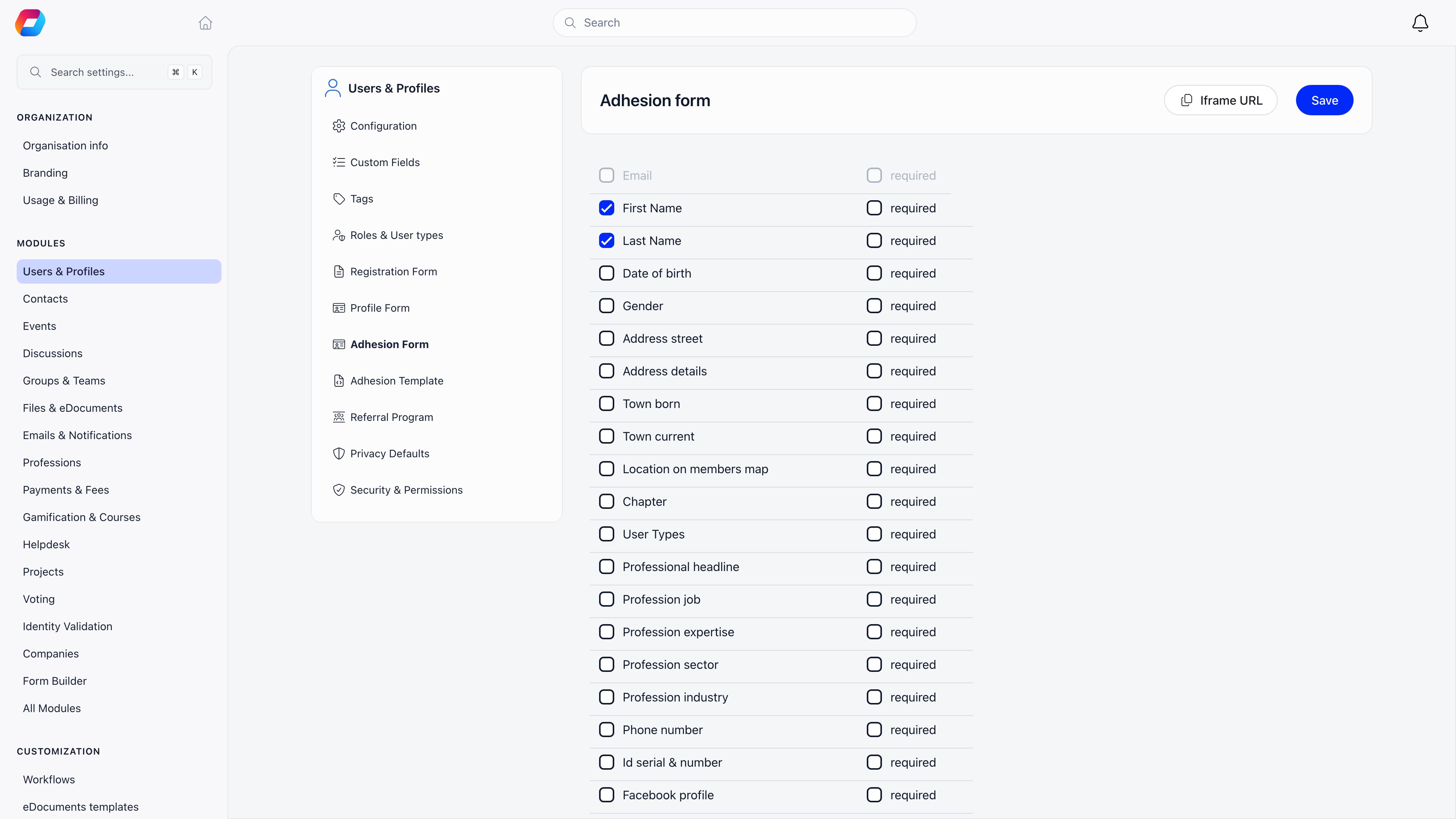 Adhesion form builder listing built-in profile fields with an include checkbox and a required checkbox on each row