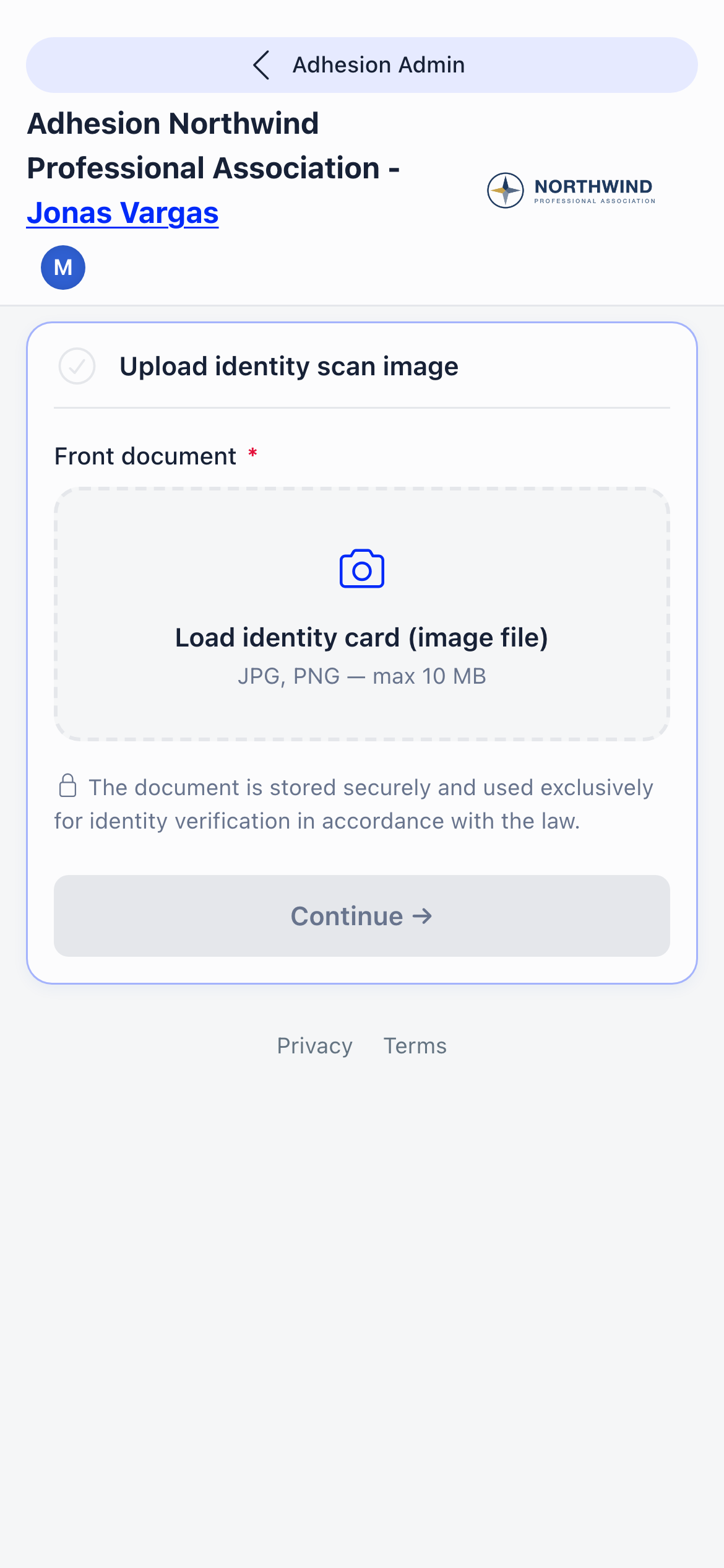 Member adhesion page on a phone, headed with the organization name and the applicant's name, showing the first step Upload identity scan image with a Front document drop area accepting JPG or PNG up to 10 MB, a note that the document is stored securely for identity verification, and a Continue button