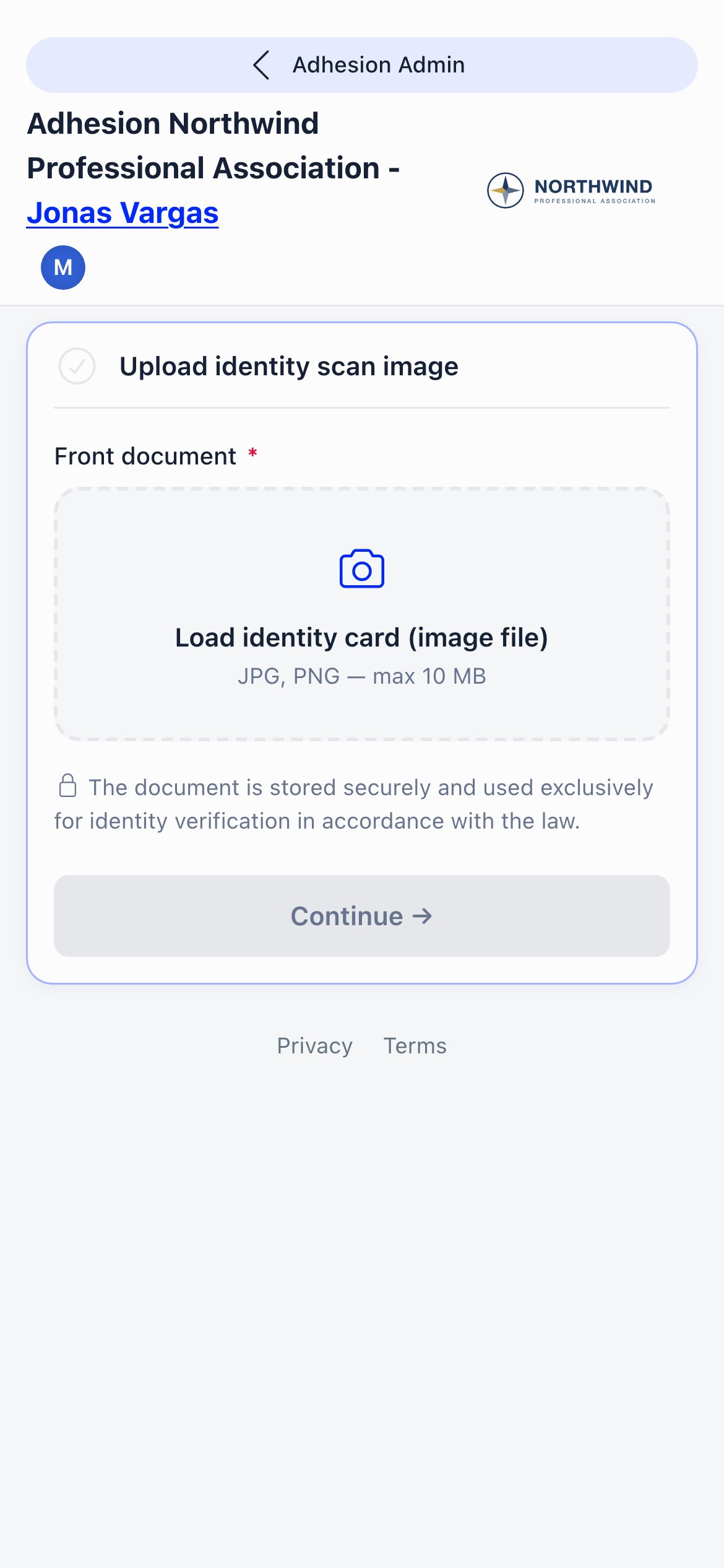 Member adhesion page on a phone, headed with the organization name and the applicant's name, showing the first step Upload identity scan image with a Front document drop area accepting JPG or PNG up to 10 MB, a note that the document is stored securely for identity verification, and a Continue button
