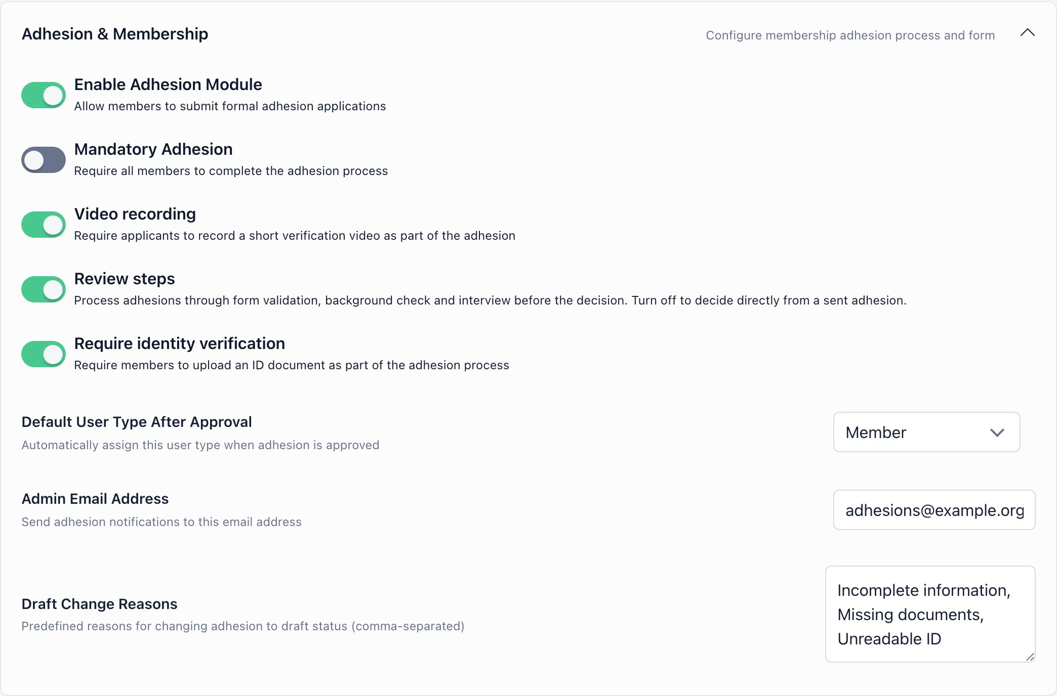 Adhesion and Membership settings section with the Enable Adhesion Module, Mandatory Adhesion, Video recording, Review steps and Require identity verification switches above the Default User Type After Approval, Admin Email Address and Draft Change Reasons fields
