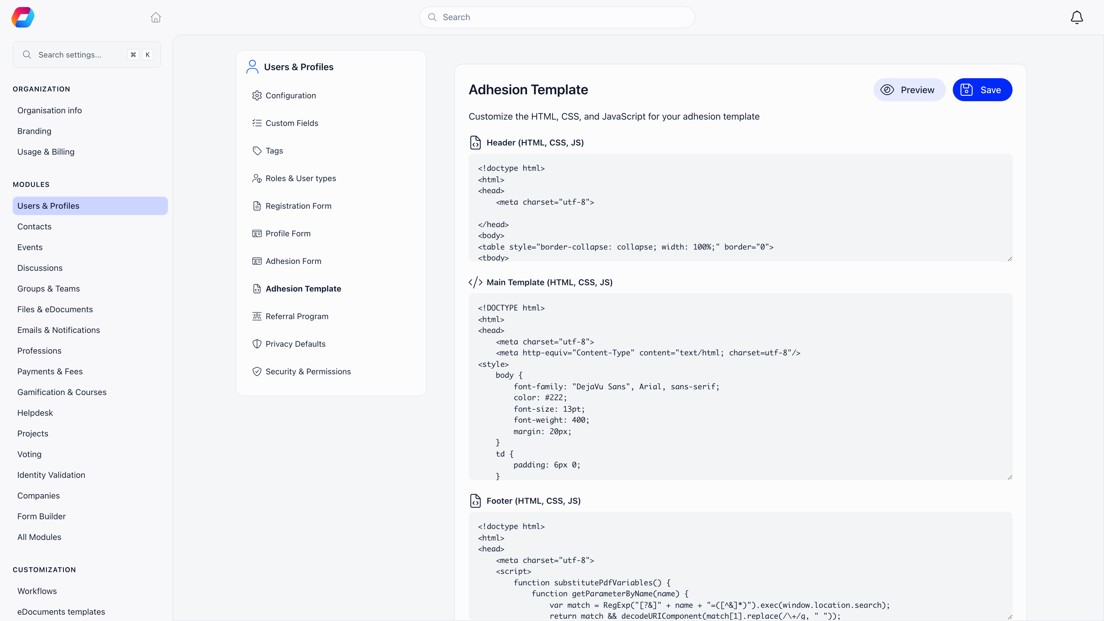 Adhesion template editor with Header, Main Template and Footer HTML code areas and a Preview button