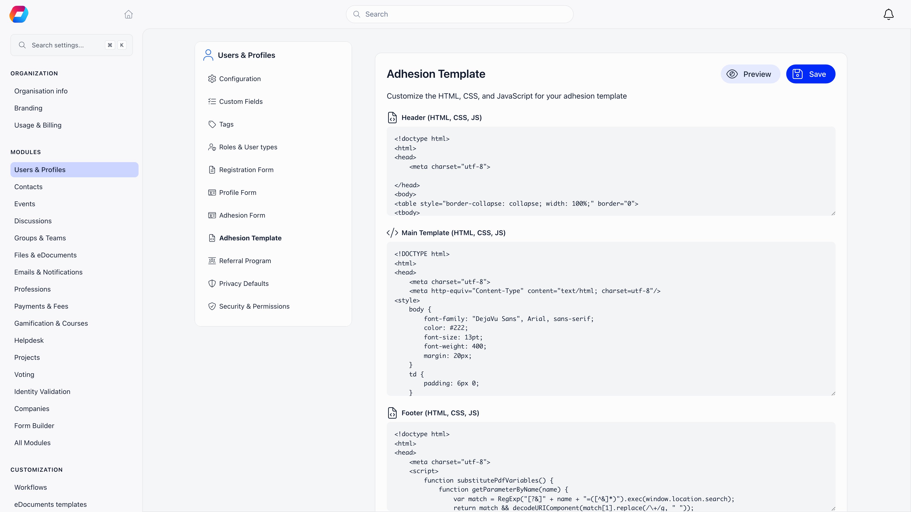 Adhesion template editor with Header, Main Template and Footer HTML code areas and a Preview button