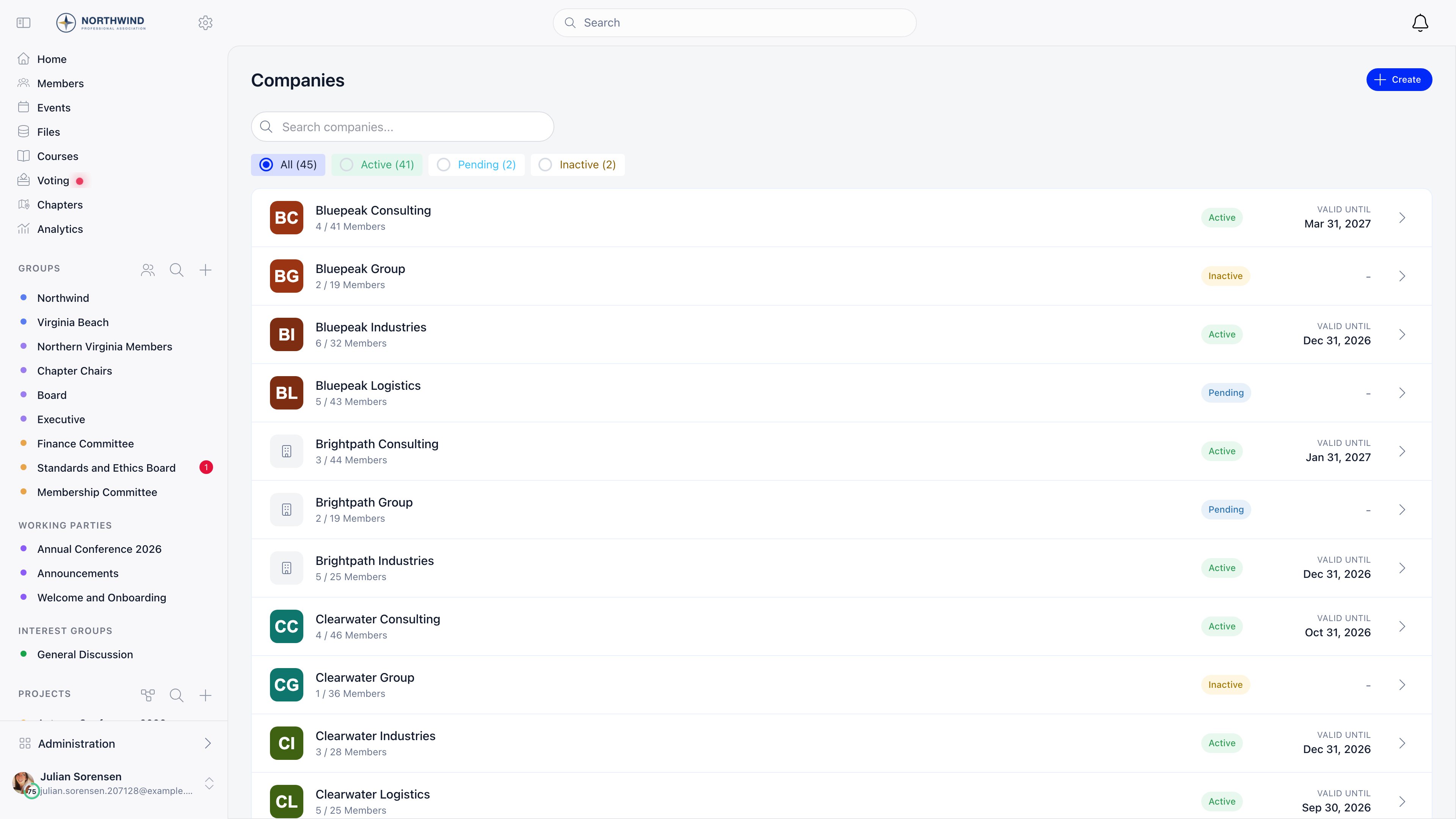 Companies list with search, status filters showing counts for All, Active, Pending and Inactive, and rows showing member count and valid-until date