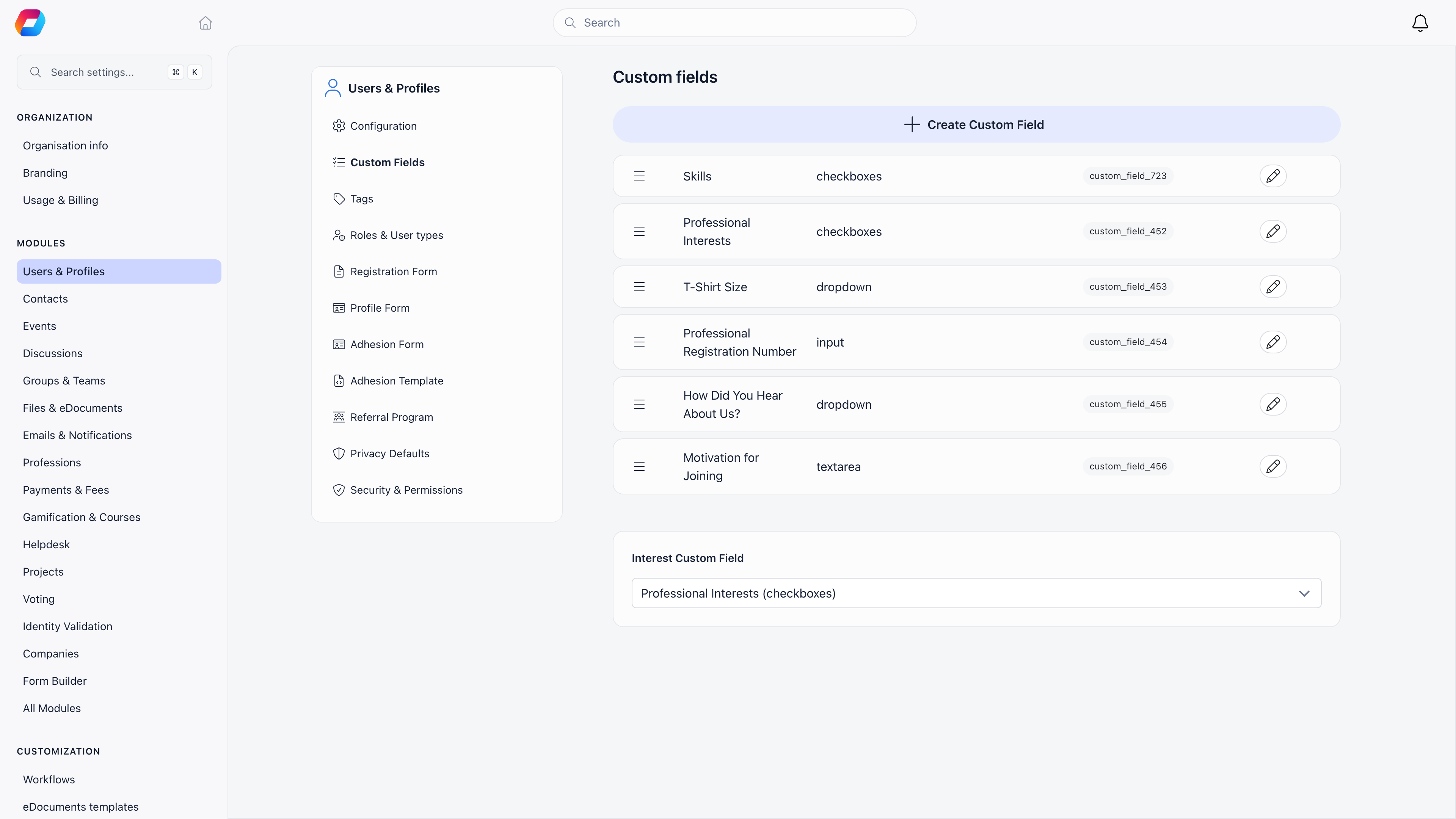 Custom fields settings listing the organisation's custom fields with their field types and custom_field_<id> reference tags, plus the Interest Custom Field selector