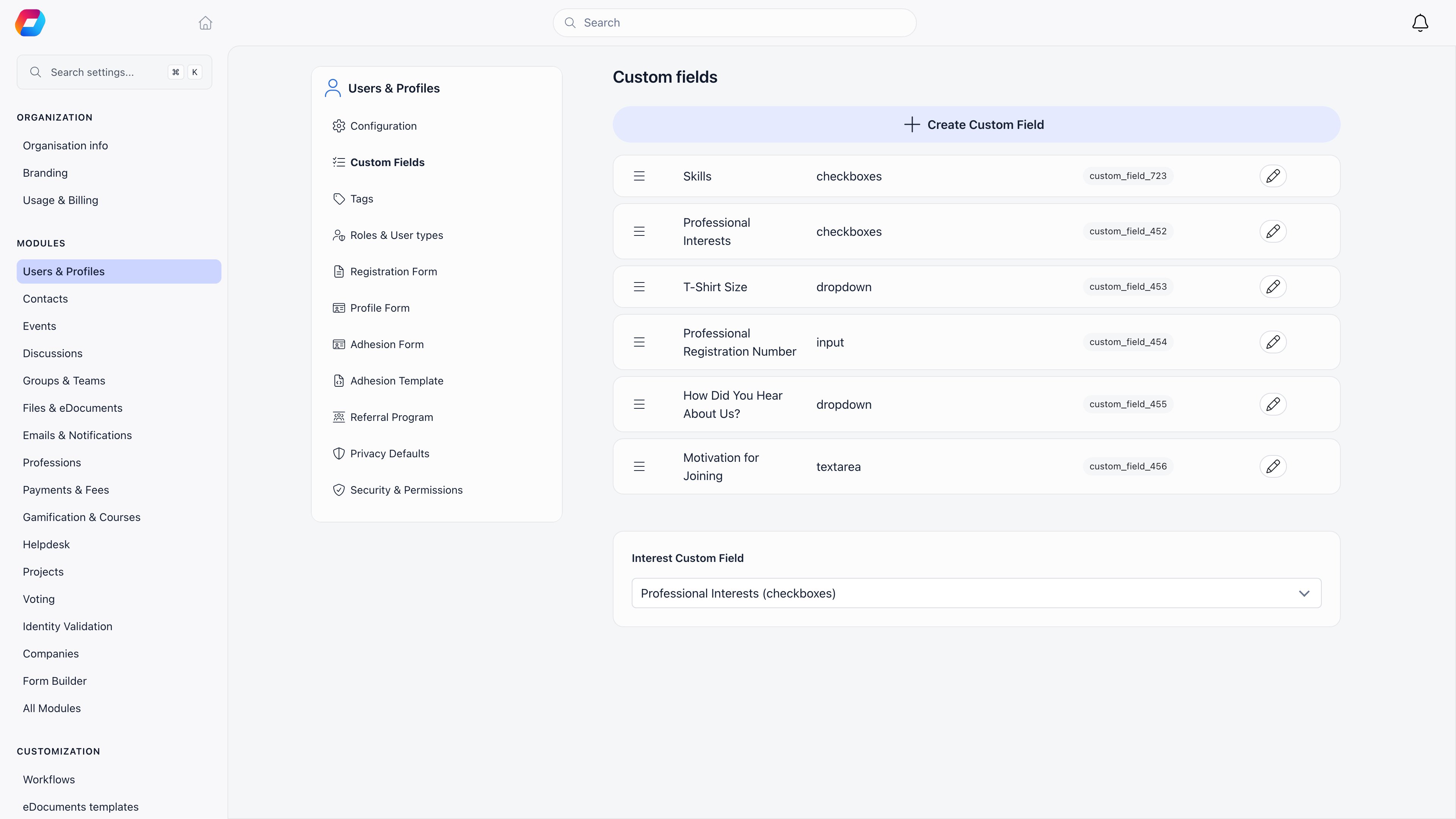 Custom fields settings listing the organisation's custom fields with their field types and custom_field_<id> reference tags, plus the Interest Custom Field selector