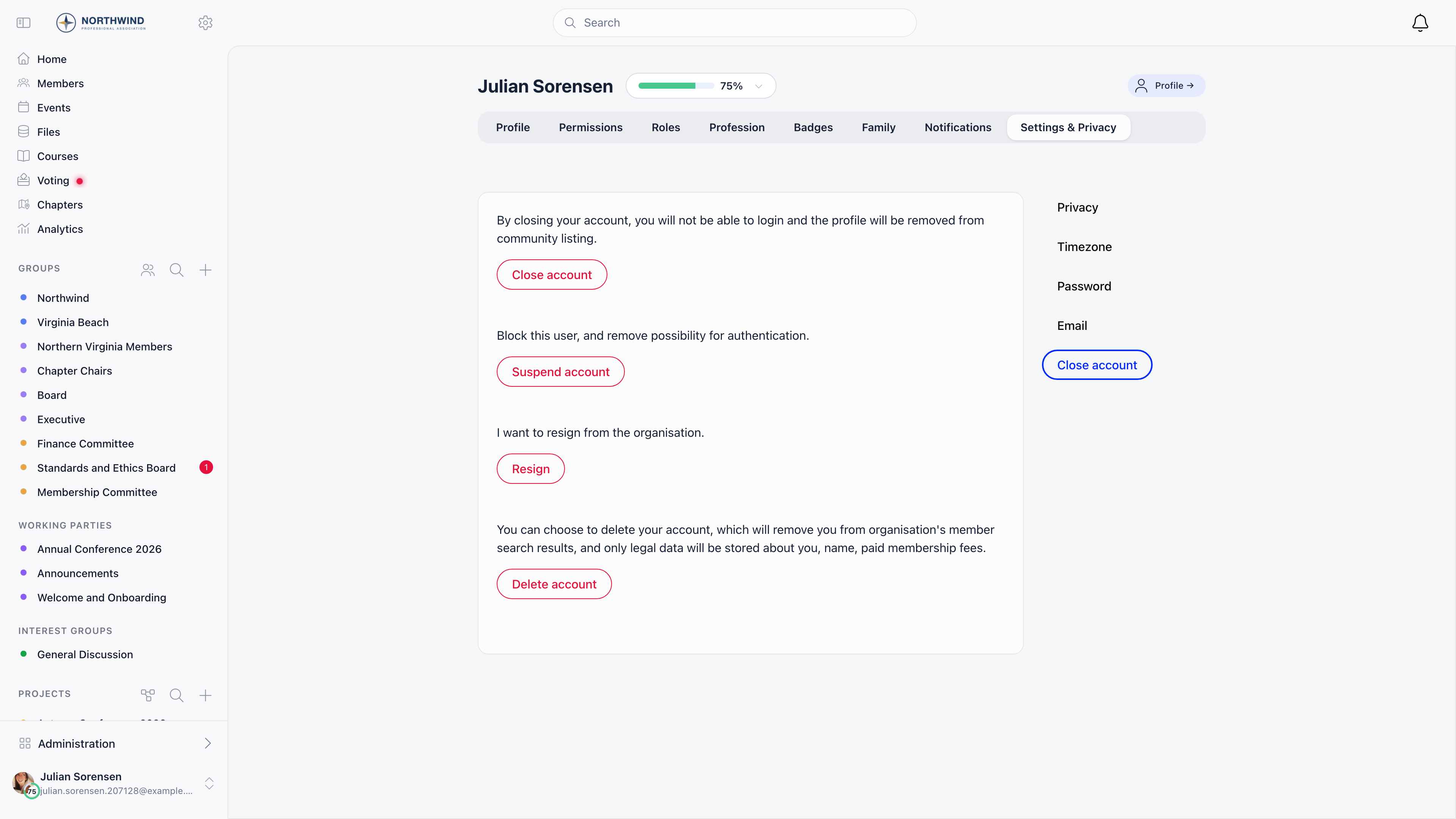Close account page showing Close account, Suspend account, Resign and Delete account actions with their explanations