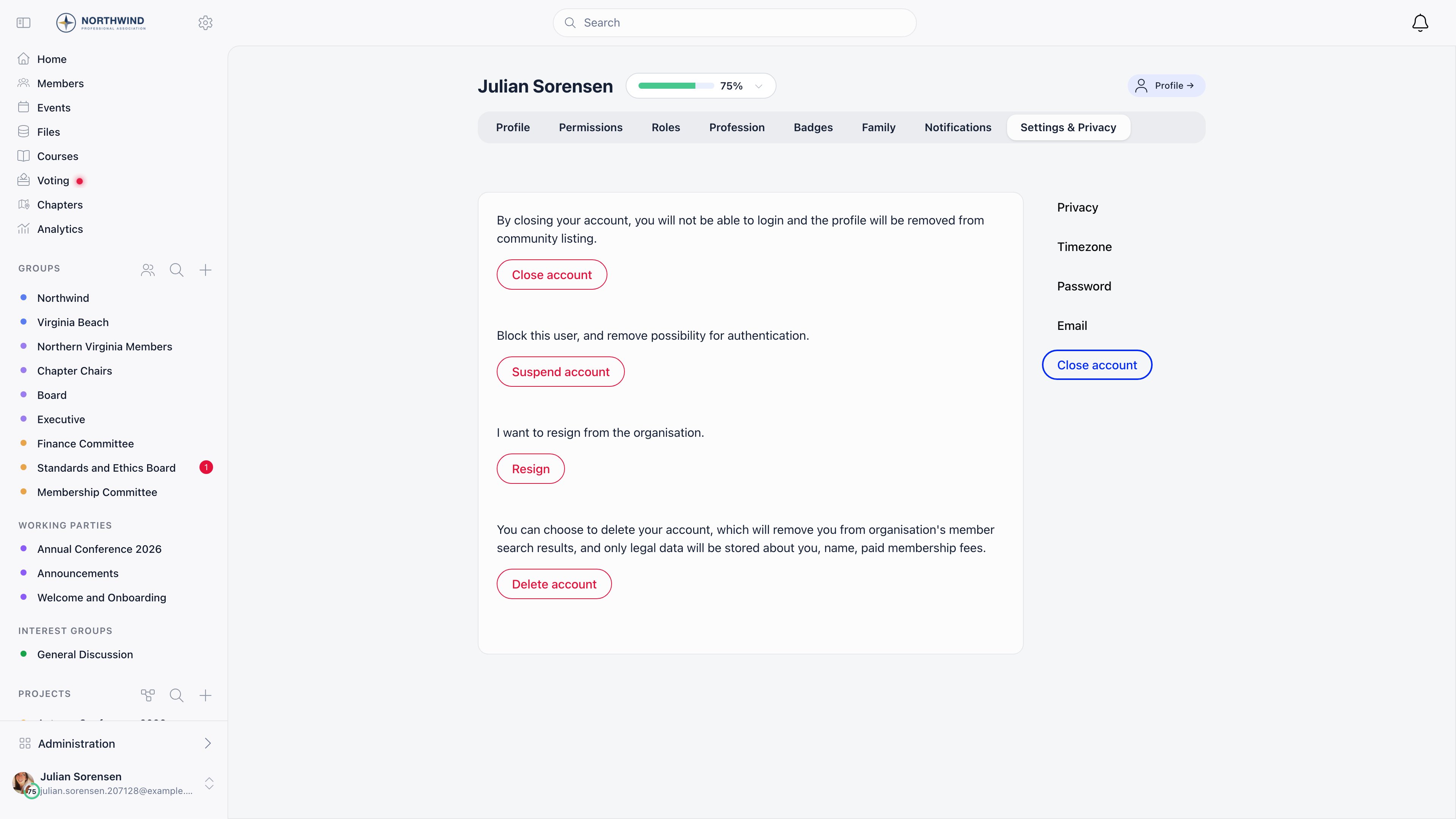 Close account page showing Close account, Suspend account, Resign and Delete account actions with their explanations