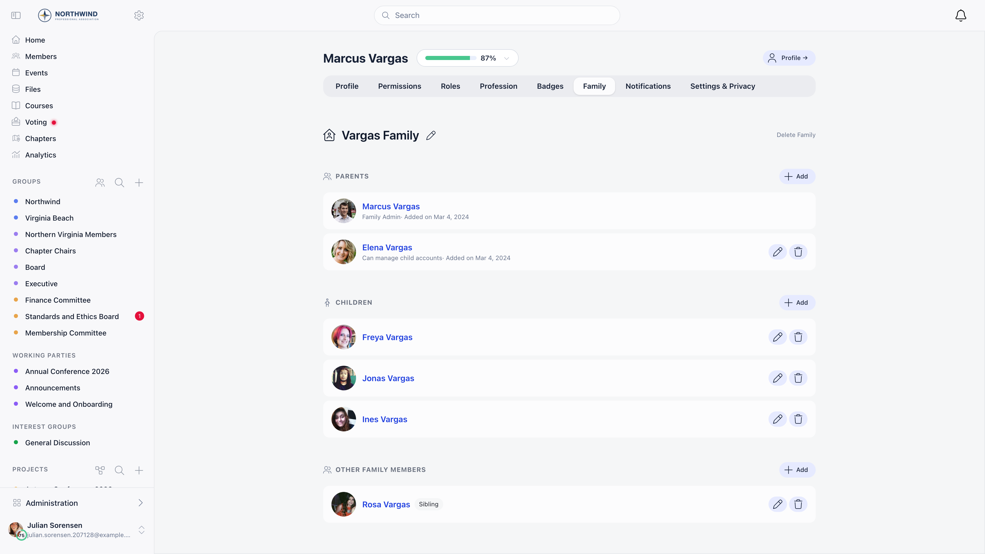 Family tab on a member profile showing the family name, a Parents section with the family admin and a Can manage child accounts member, each with the date they were added, a Children section, and an Other Family Members section