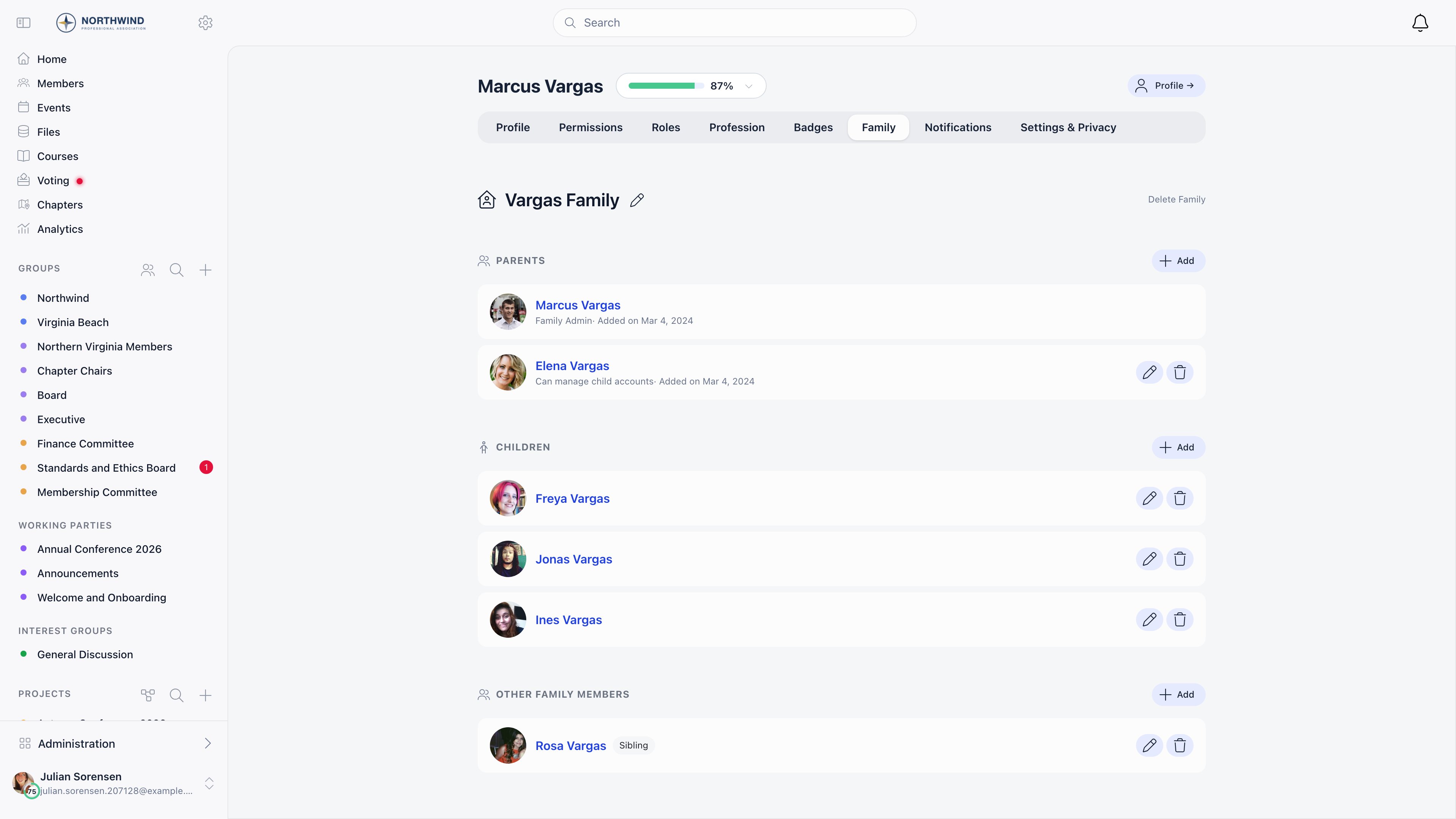 Family tab on a member profile showing the family name, a Parents section with the family admin and a Can manage child accounts member, each with the date they were added, a Children section, and an Other Family Members section