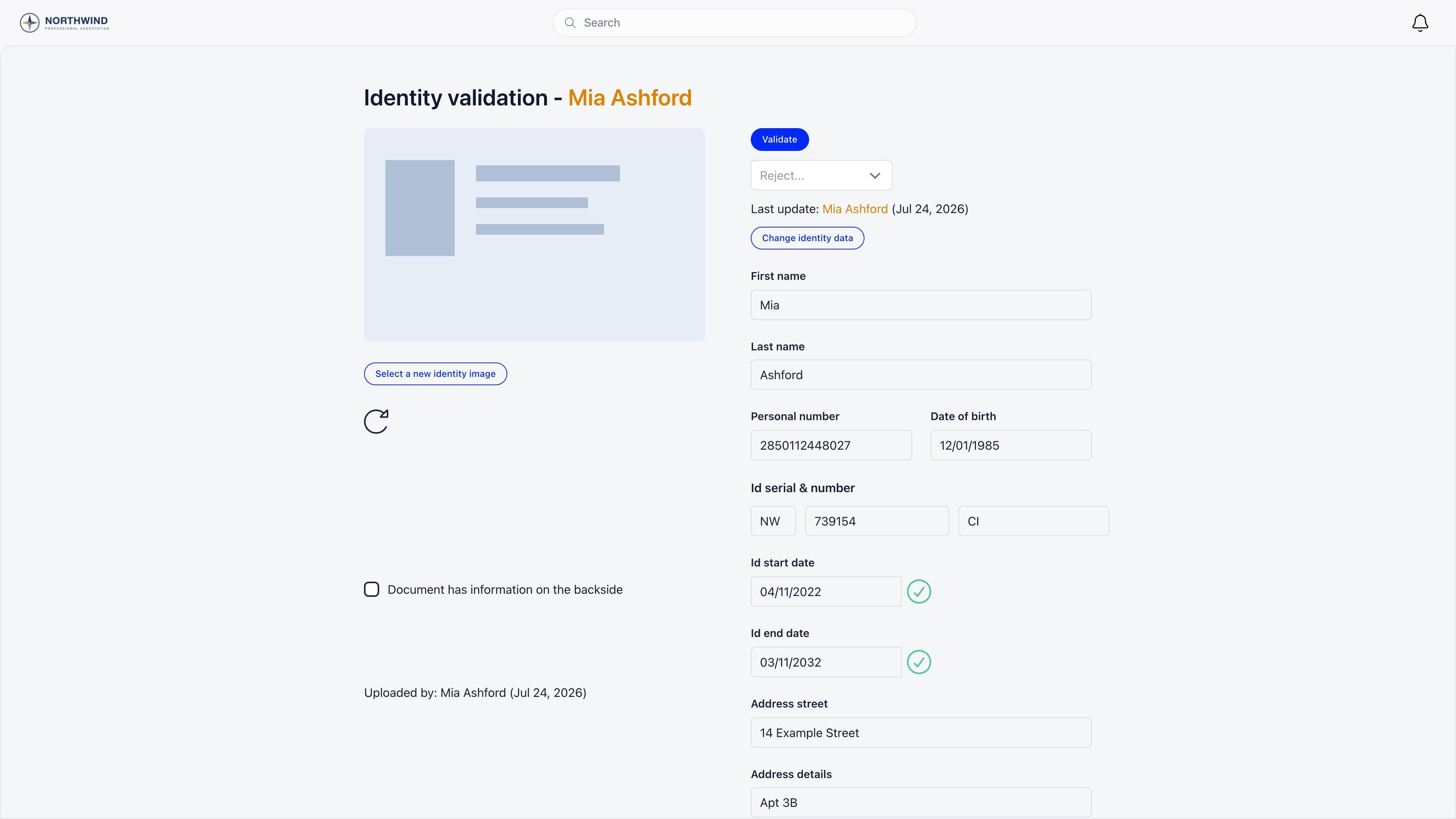 Identity validation review screen showing the uploaded document on the left and the extracted first name, last name, personal number, birth date, document serial and number, issue and expiry dates on the right, with Validate, Reject and Change identity data controls