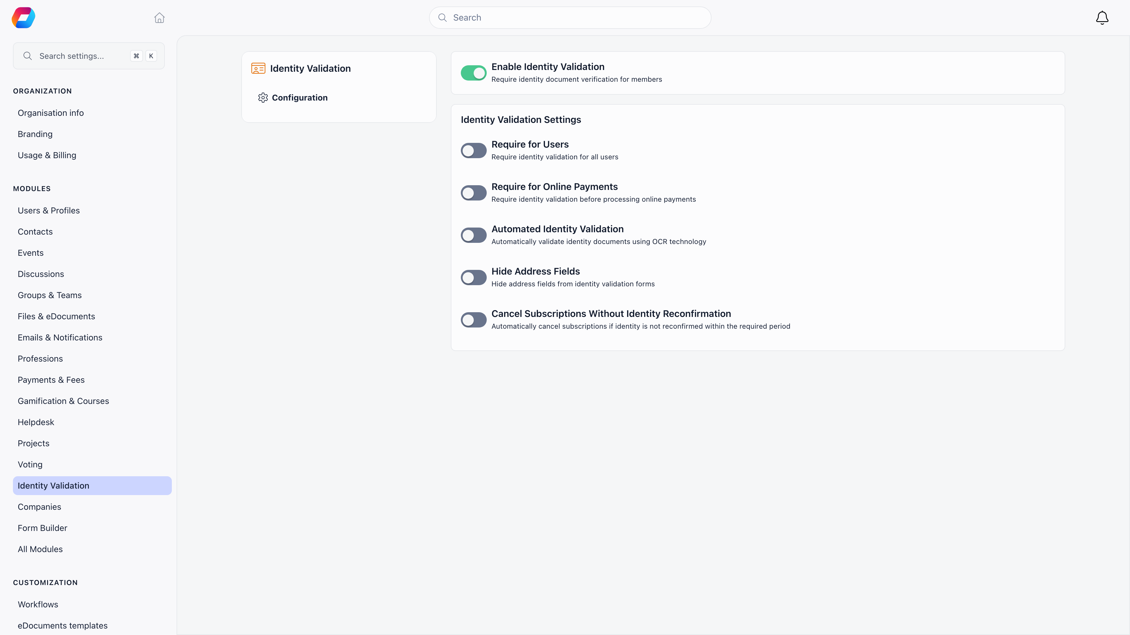 Identity Validation module settings with Enable Identity Validation on and toggles for Require for Users, Require for Online Payments, Automated Identity Validation, Hide Address Fields and Cancel Subscriptions Without Identity Reconfirmation