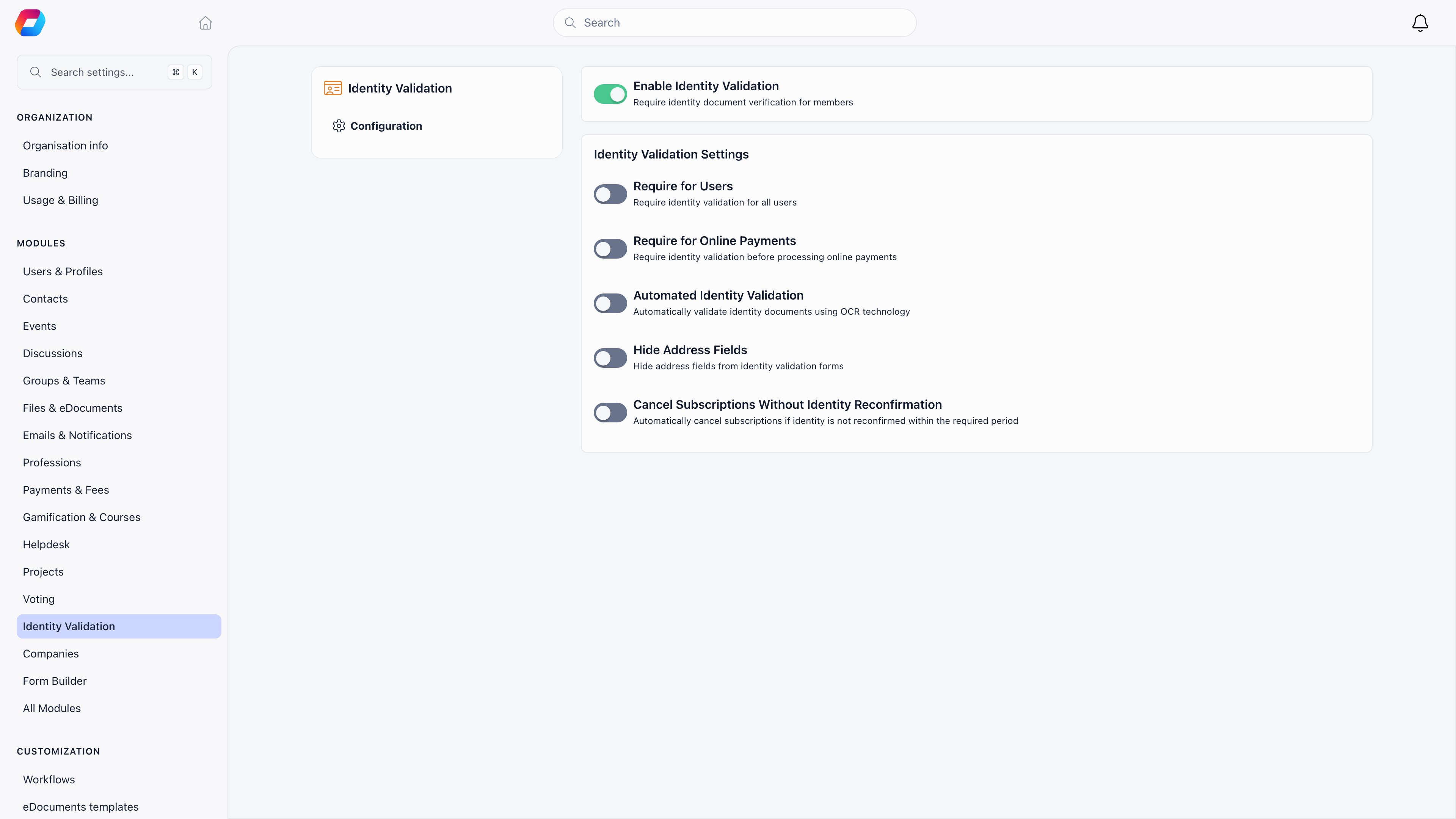 Identity Validation module settings with Enable Identity Validation on and toggles for Require for Users, Require for Online Payments, Automated Identity Validation, Hide Address Fields and Cancel Subscriptions Without Identity Reconfirmation