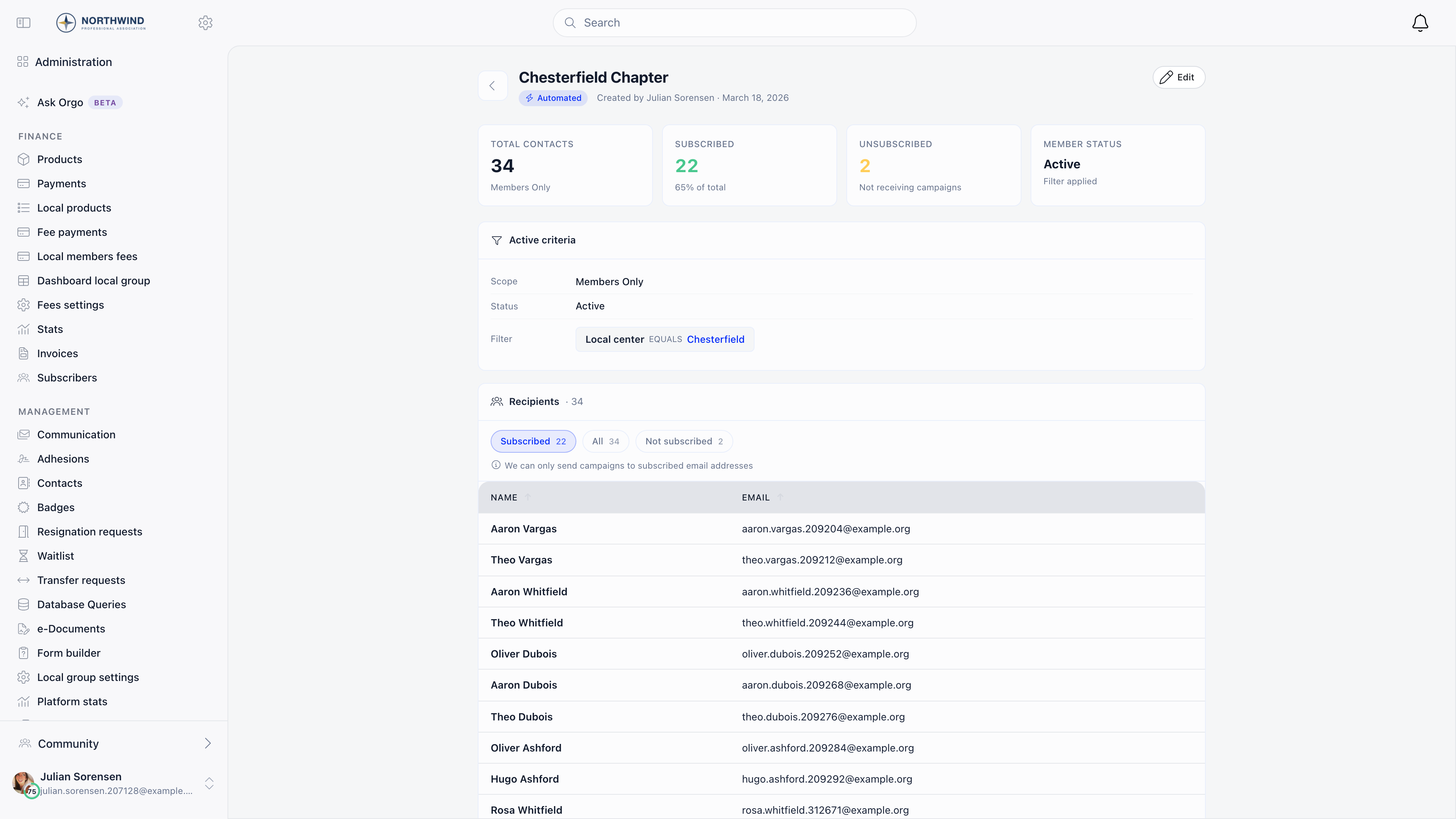 List detail with total contacts, subscribed, unsubscribed and member status tiles, the active criteria card, and the recipients table with subscription filter chips