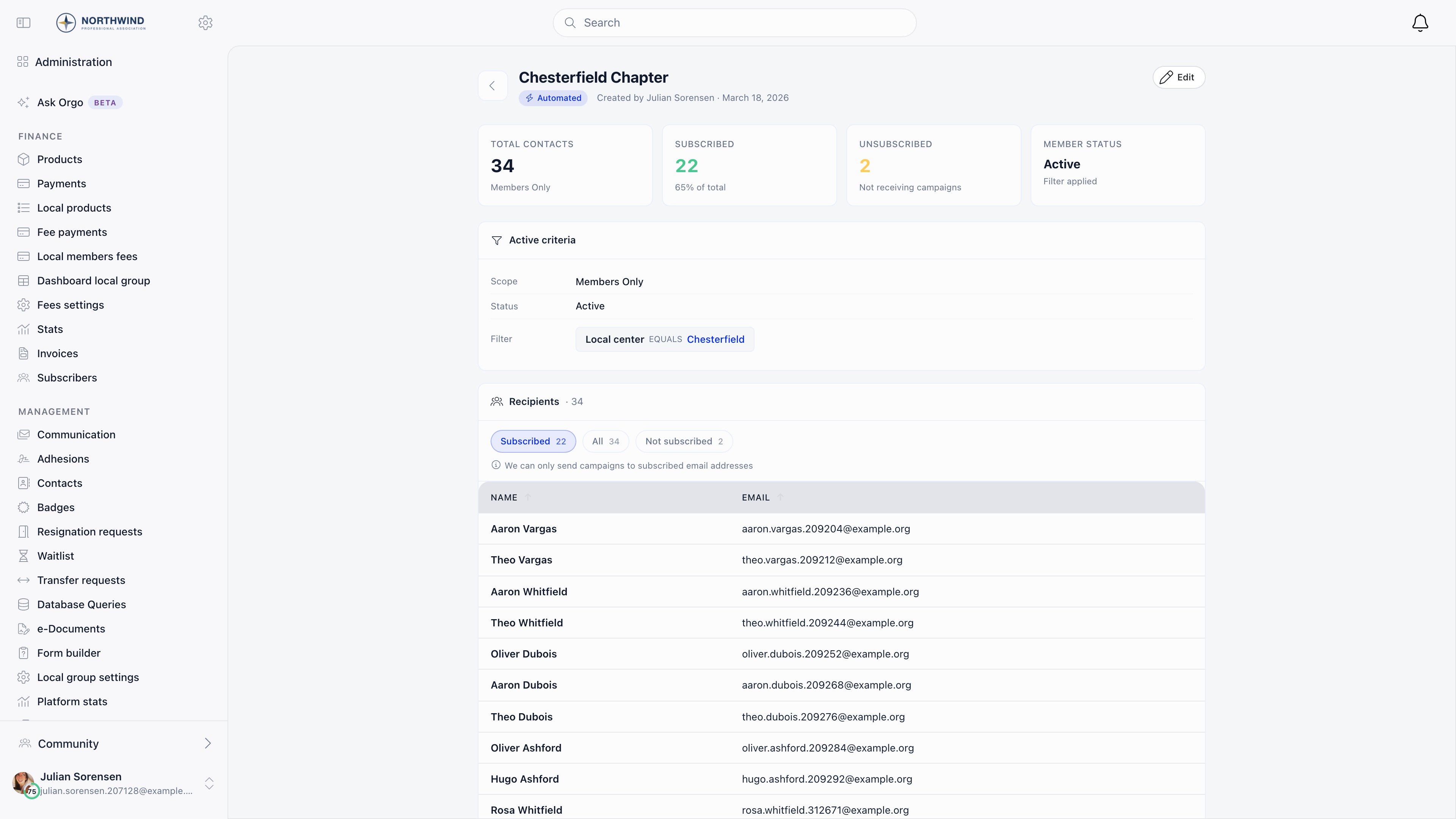 List detail with total contacts, subscribed, unsubscribed and member status tiles, the active criteria card, and the recipients table with subscription filter chips