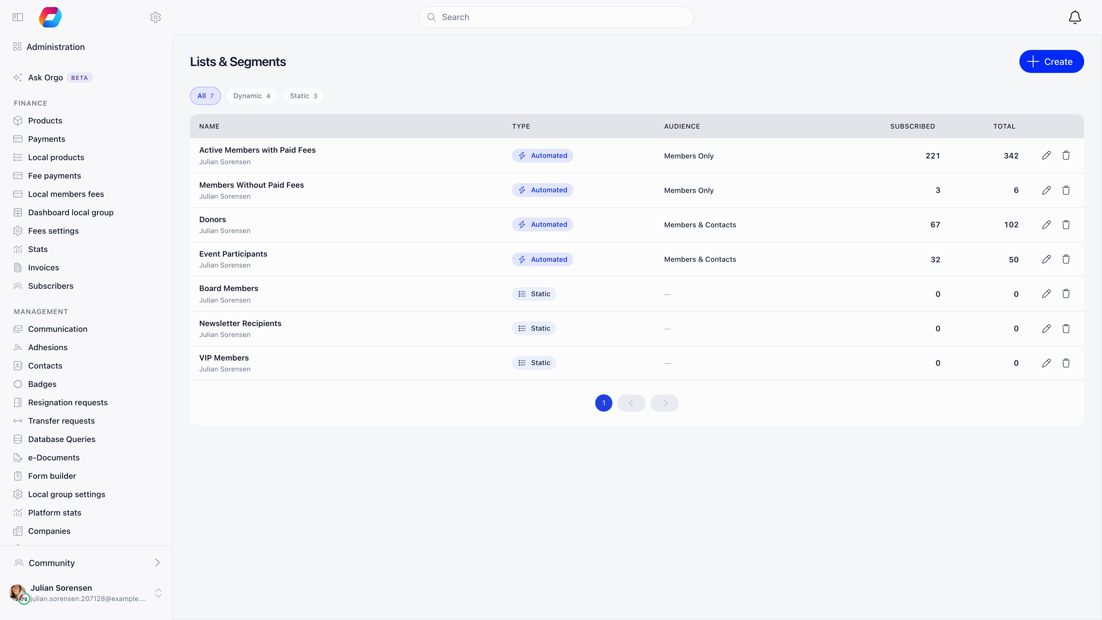Lists and Segments index with All, Dynamic and Static chips and a table of lists showing type, audience, subscribed and total counts