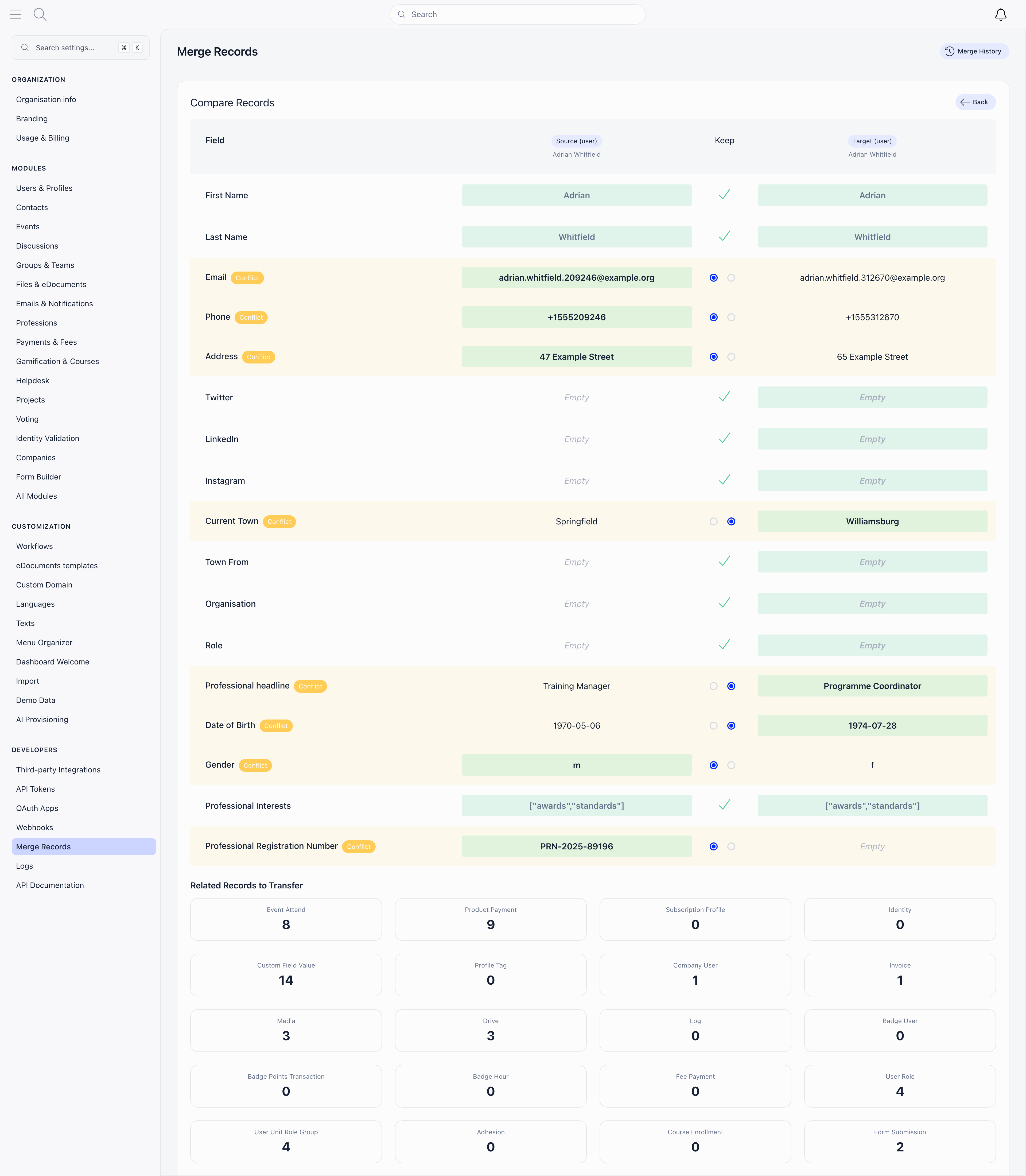 Merge comparison table with source and target columns, Conflict tags and radio buttons for choosing which value to keep, above the related record counts