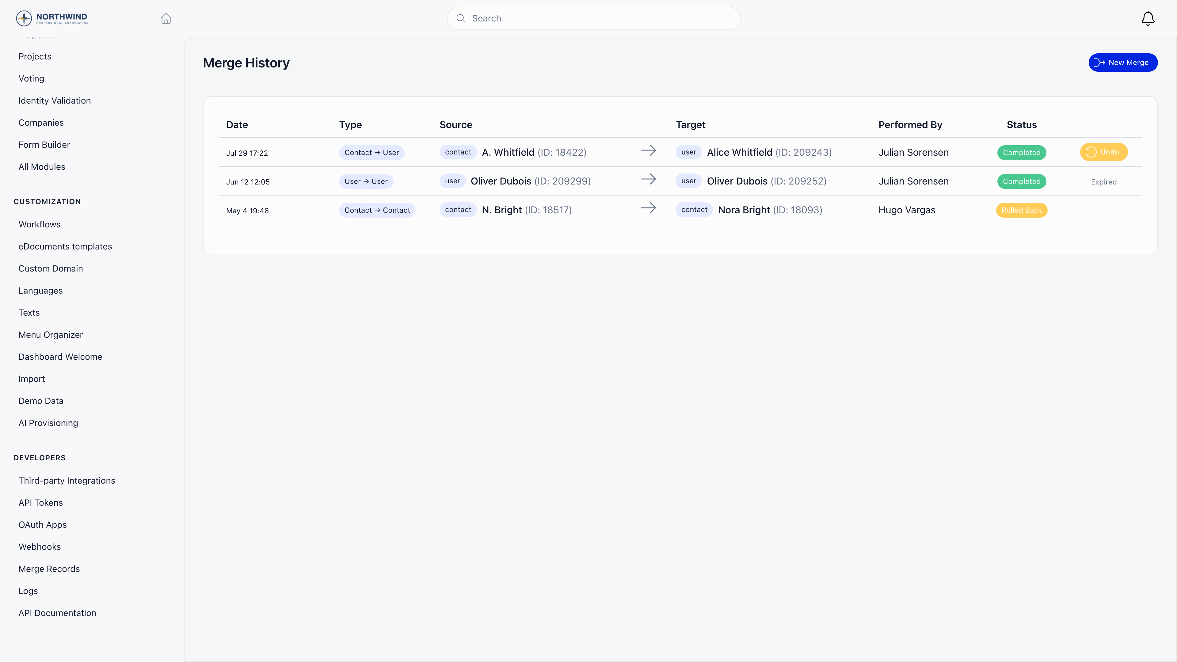 Merge History table listing past merges with date, type, source and target records, who performed them and their status, with an Undo button while the rollback window is open and Expired once it has closed