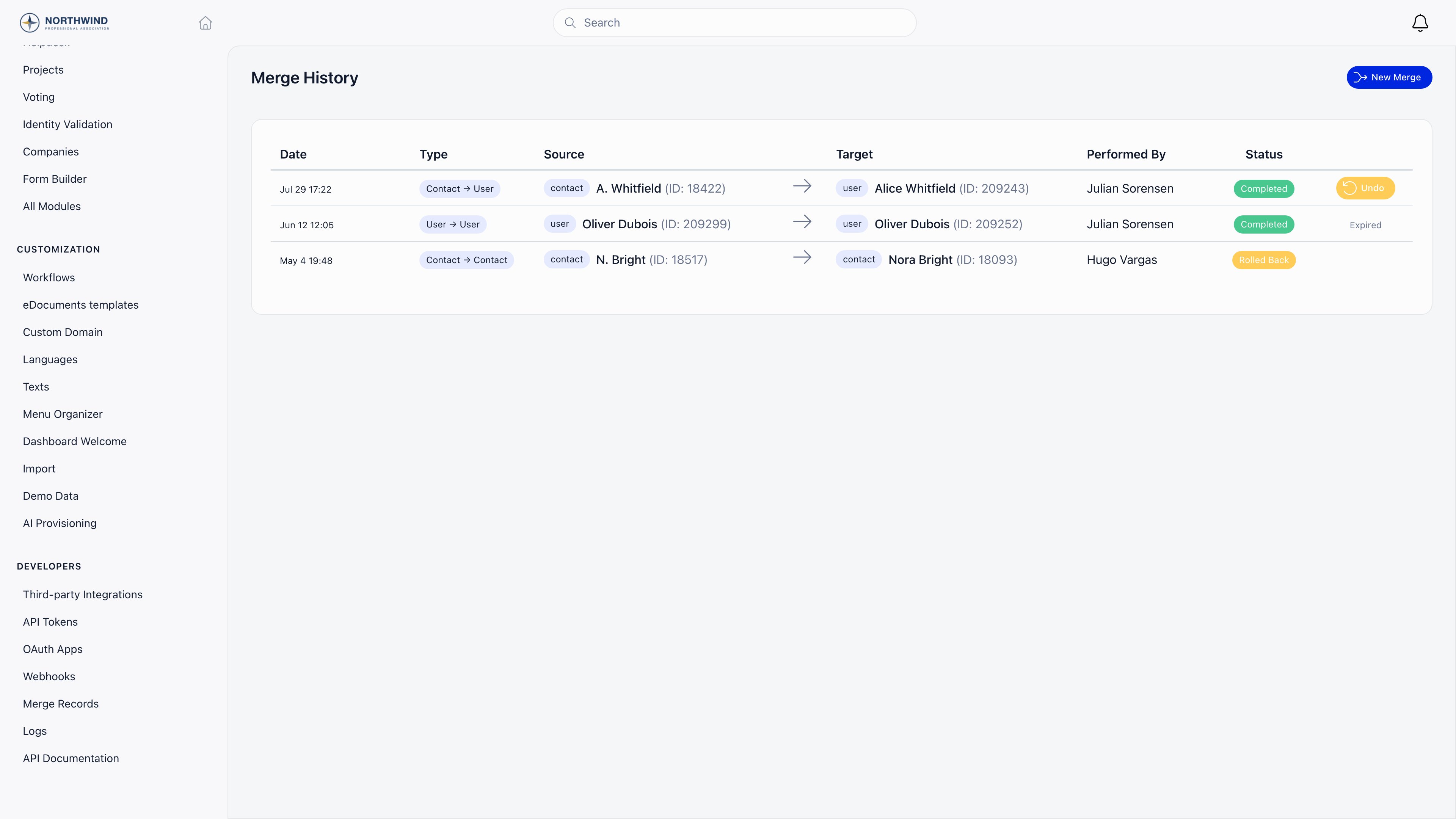 Merge History table listing past merges with date, type, source and target records, who performed them and their status, with an Undo button while the rollback window is open and Expired once it has closed