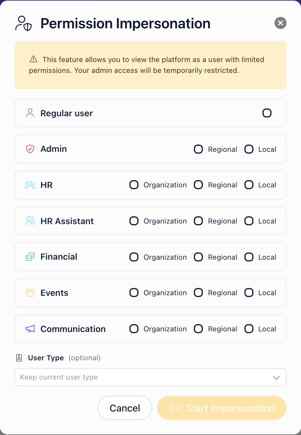 Permission Impersonation dialog listing Regular user plus Admin, HR, HR Assistant, Financial, Events and Communication with Organization, Regional and Local checkboxes