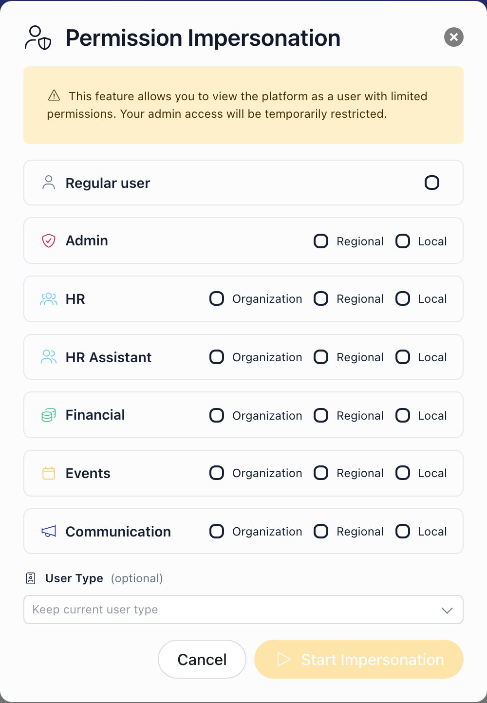 Permission Impersonation dialog listing Regular user plus Admin, HR, HR Assistant, Financial, Events and Communication with Organization, Regional and Local checkboxes